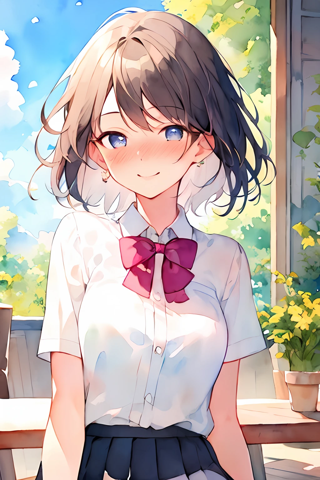 depth of field, 1 girl,cute, solo,beautiful detailed sky, detailed cafe, morning, sitting, dating, (nose blush), (smile:1.1), (closed mouth), medium breasts, beautiful detailed eyes, (collared shirt:1.1), bowtie, pleated skirt, (short hair:1.2), floating hair, (watercolor:1.2)