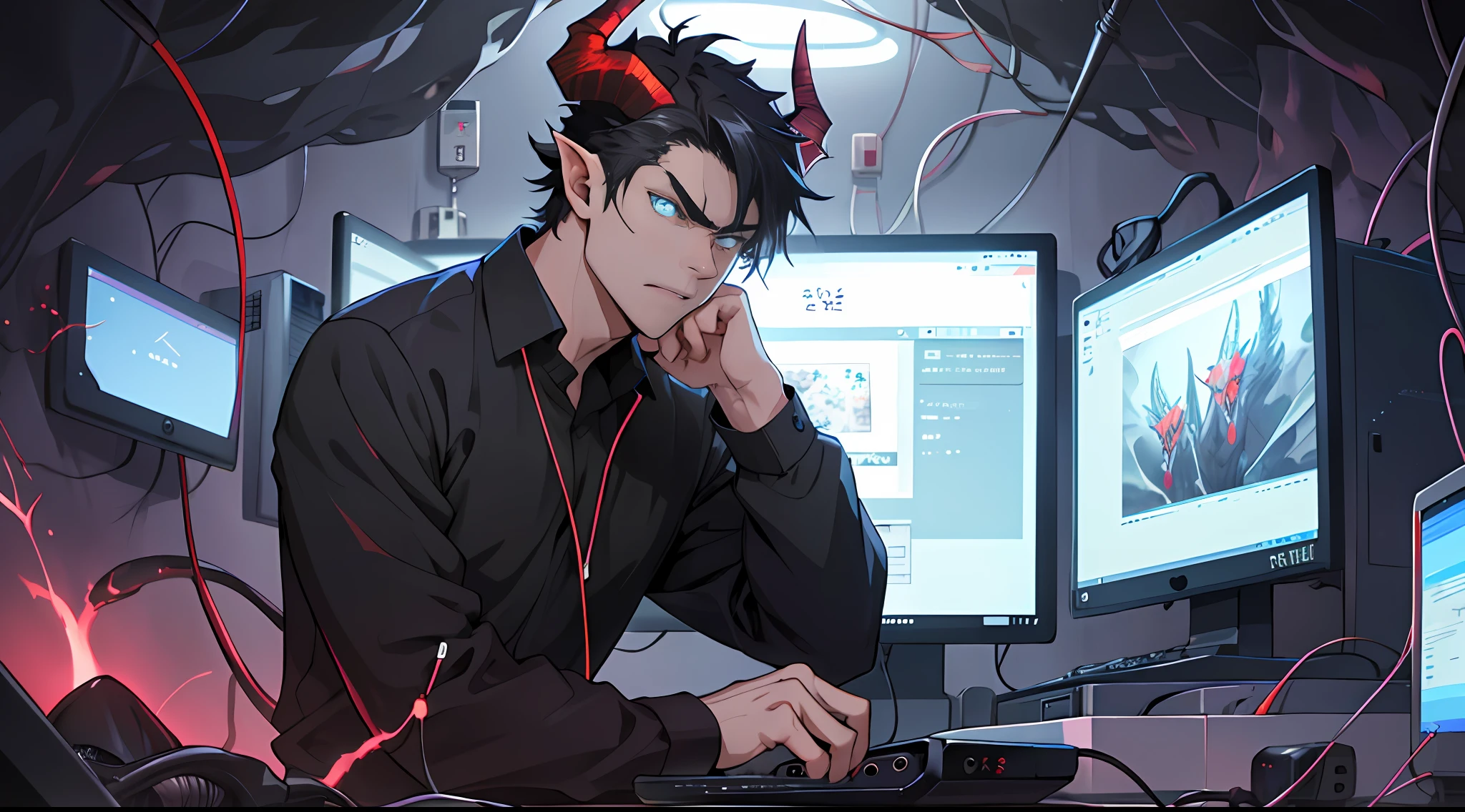 Best quality: 1.0), (Super High Resolution: 1.0), (Anime demon boy:1.2), (devil horns:1.3), very angry, short black hair, blue eyes, sitting in front of computer, (background in dragon cave:1.2), (electrical outlet:1.2), (power cord:1.2)