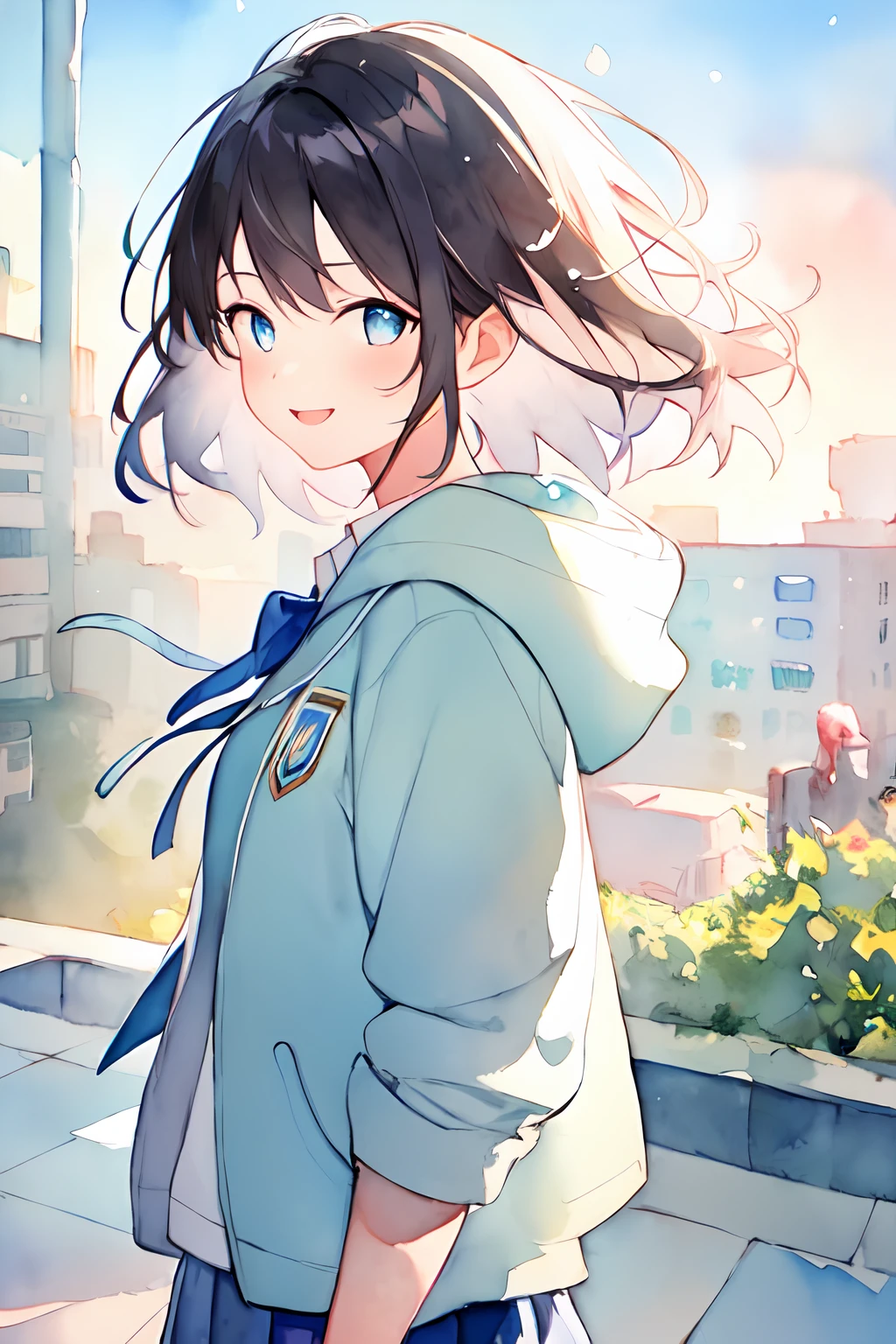 1girl,city,blue backlight bokeh,smile,mature,sunlight,blone,short jacket,school uniform,hoodie,short hair,floating hair, (watercolor:1.2)