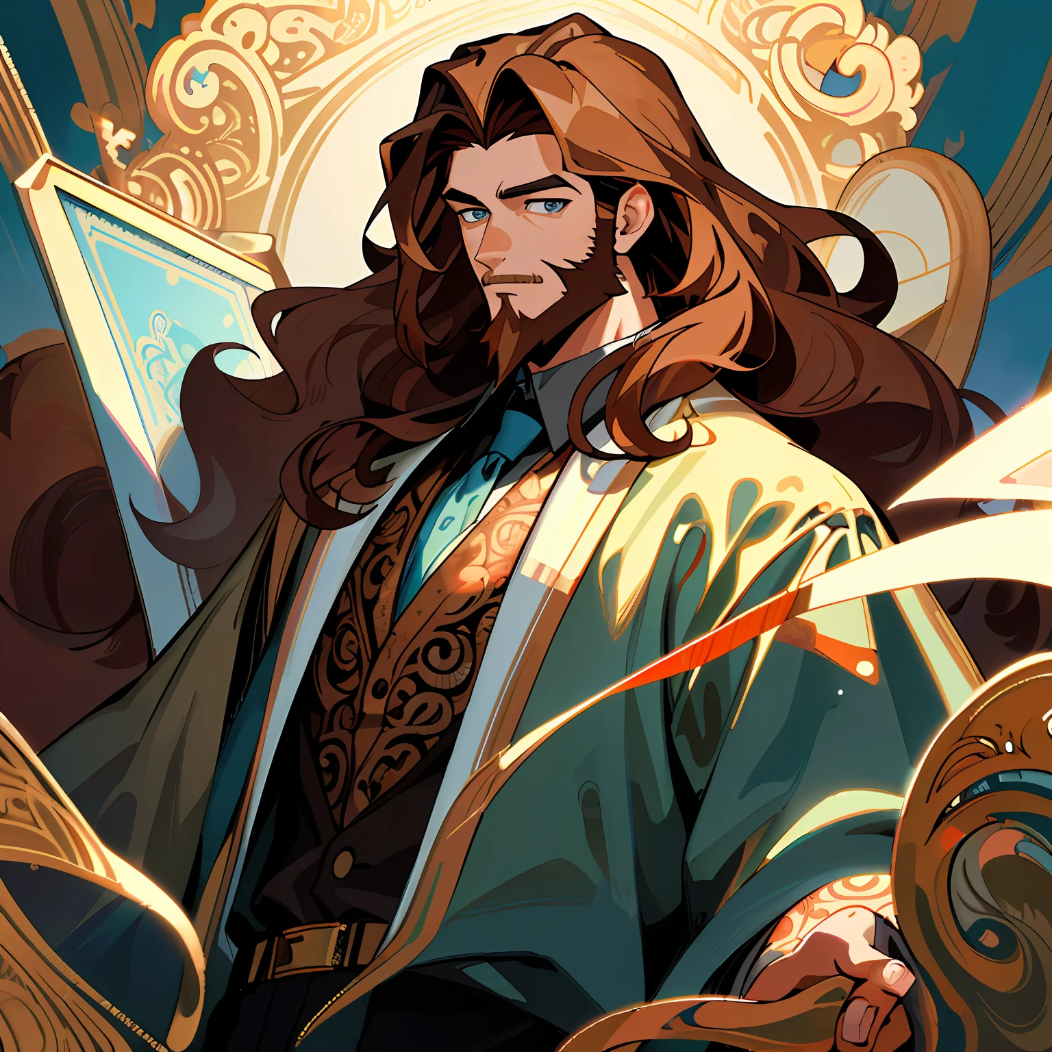 ((masterpiece,best quality,highest quality,illustration,intricate details)), 1 guy 22 year old man with chest-length curly golden-brown hair and a beard no tattoos blue eyes