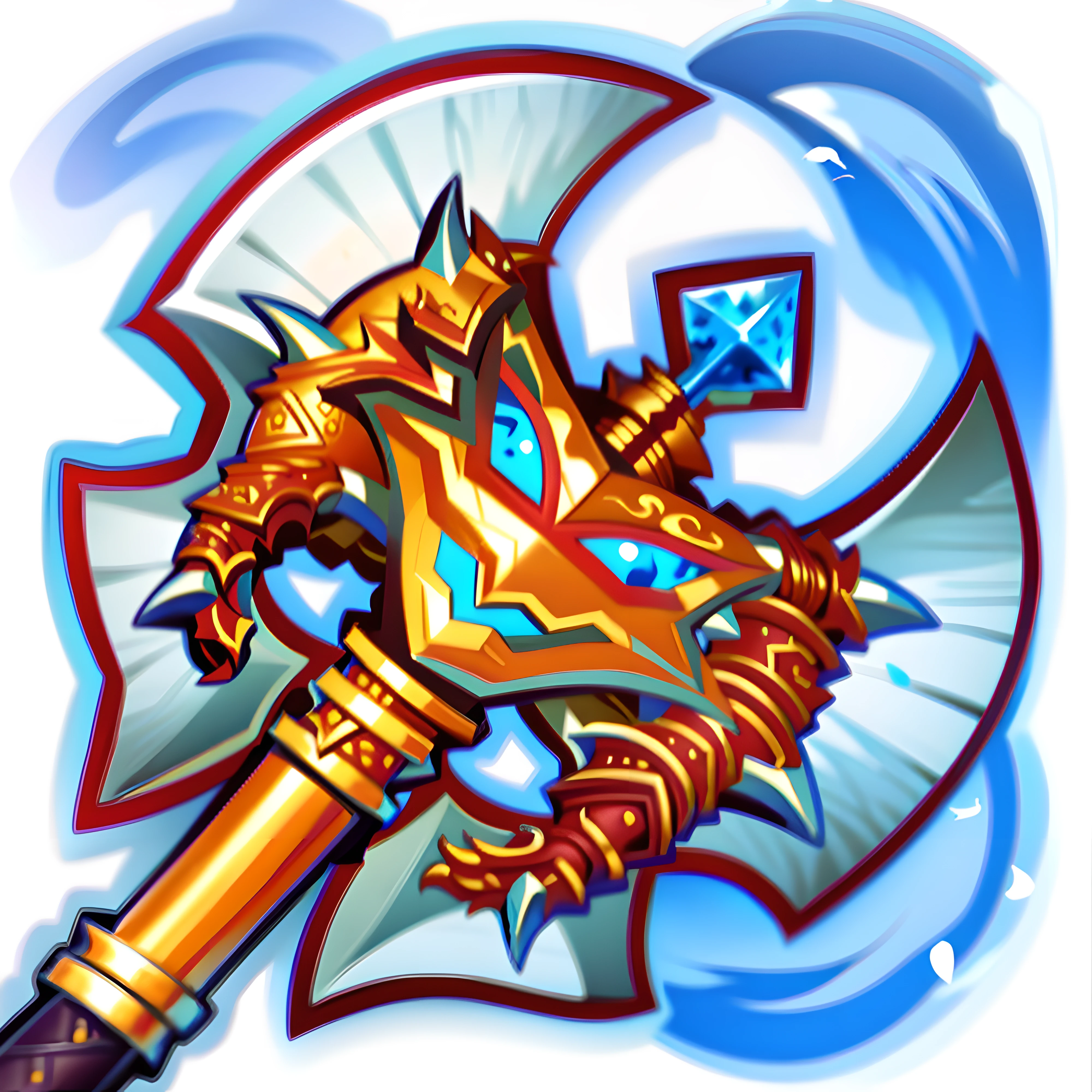 Close-up of a golden sword with a blue and red design, hearthstone weapon art, warcraft blizzard weapon art, sword and wand – water, with leviathan axe, an axe elemental, brandishing powerful sword, shinning sword, fantasy sword of warrior, dazzling gem in the hilt, epic legends game icon, fantasy rpg weapon art, intricate fantasy spear