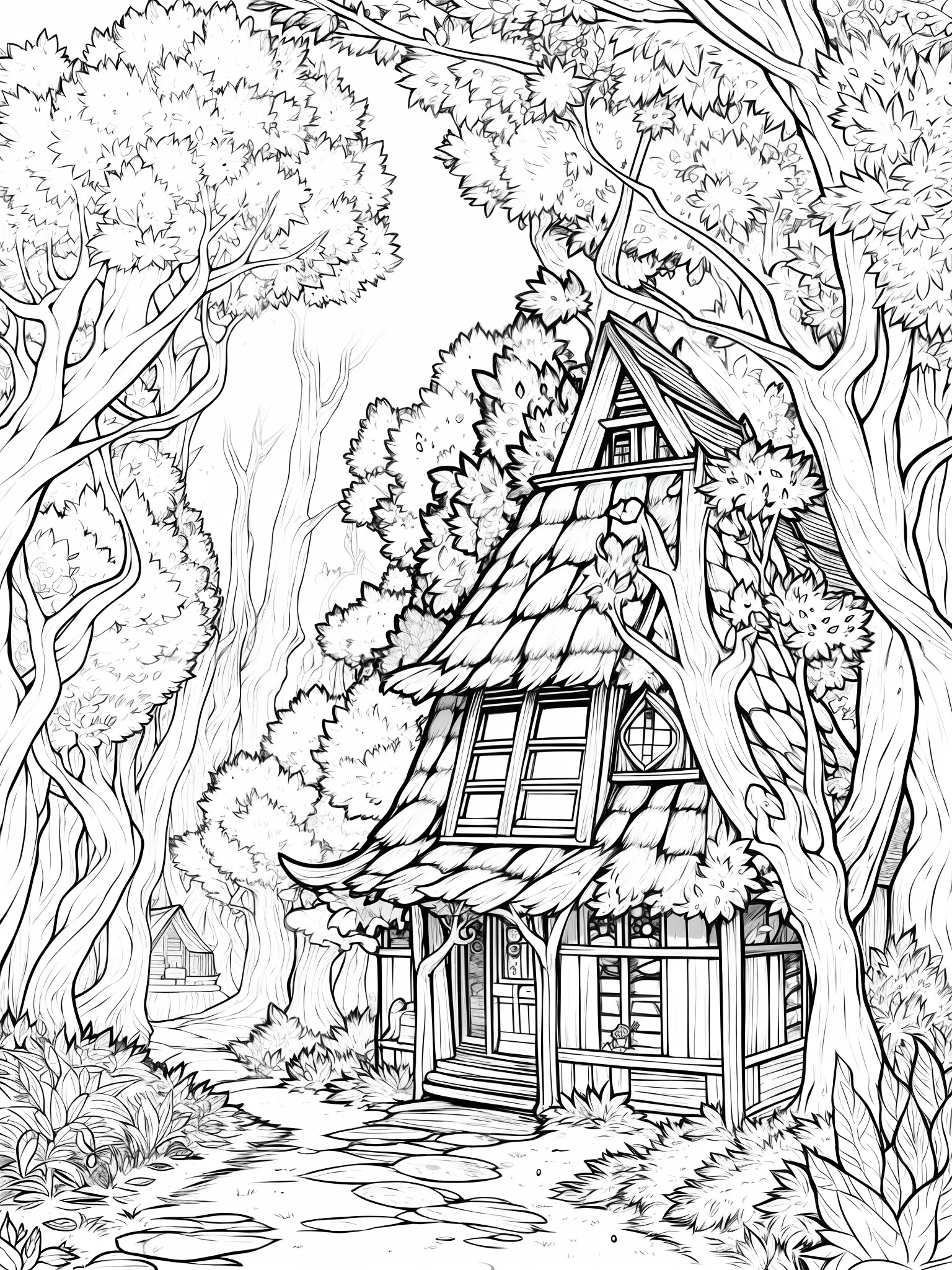 (A cute magical forest with one hidden cottage), (faery, peeking out from behind a tree) Black LineArt Ink, Outline only, Perfect for coloring book page, Disney style