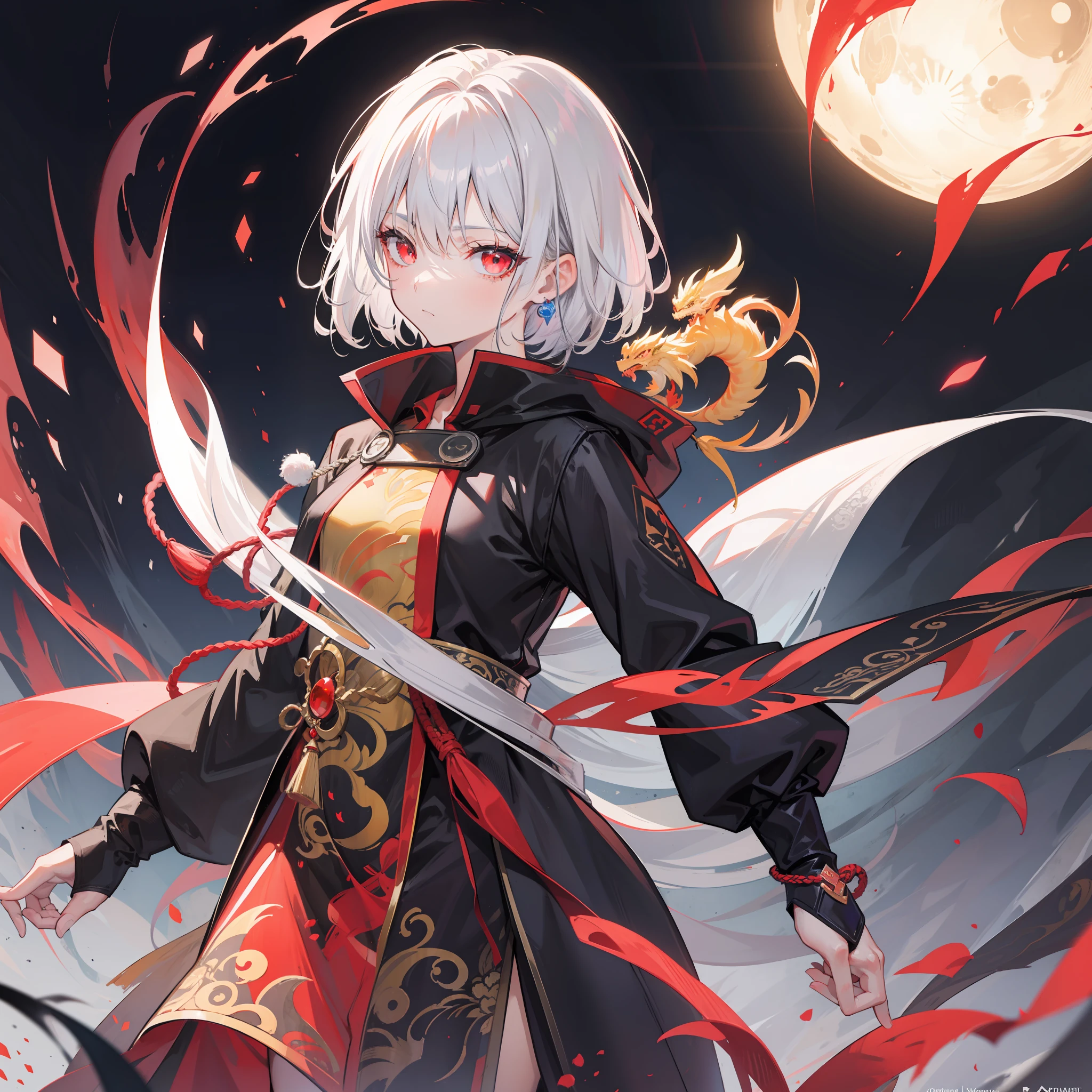 {[{{"Gorgeous dark atmosphere, 4k artwork of man with gray hair and glowing red eyes, short detailed hair,Feng Shui master,The five elements of yin and yang,yellow dragon."}]}}