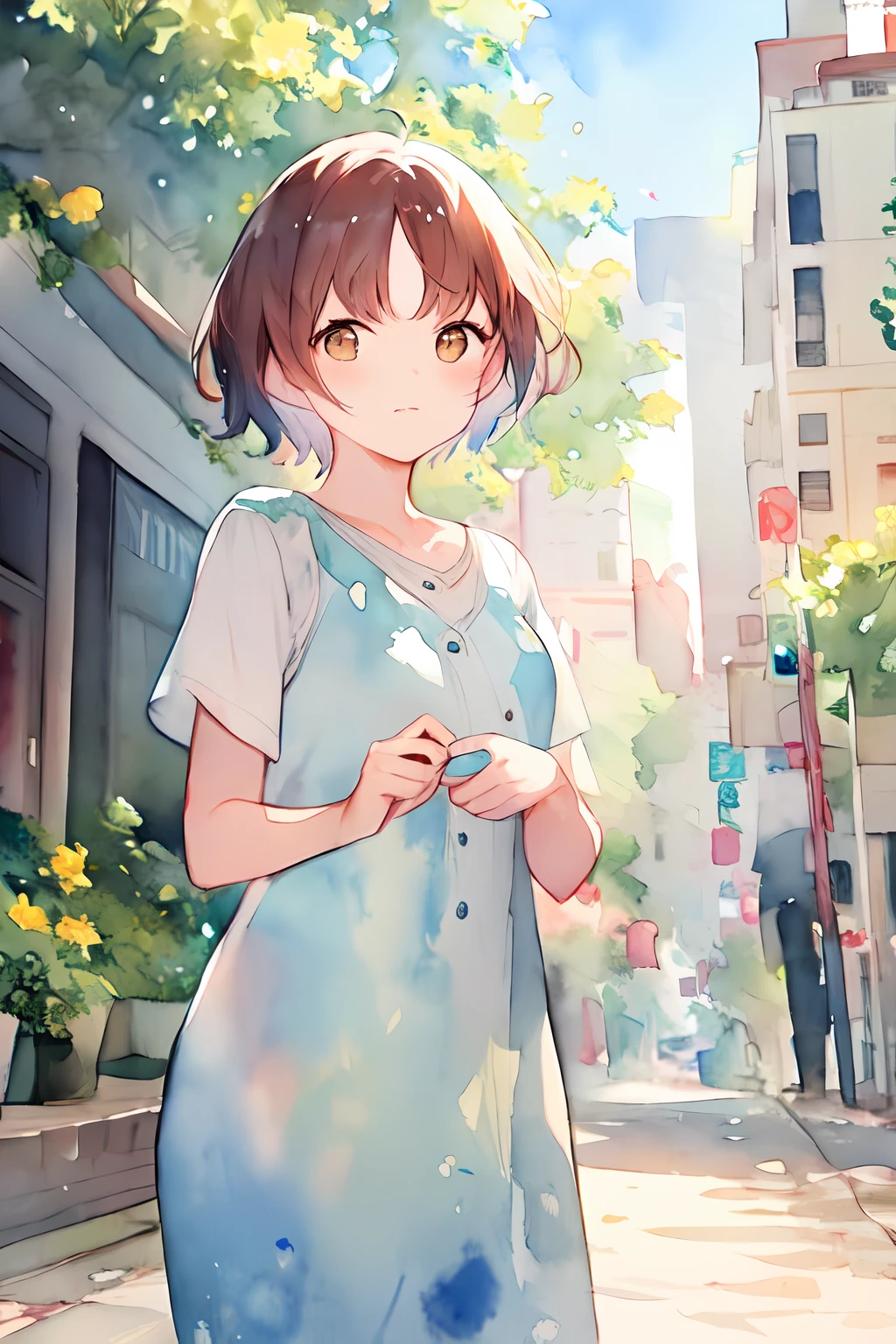 an extremely delicate and beautiful, depth of field, a woman, short hair, casual wear, downtown, (morning:1.5), (watercolor:1.2)