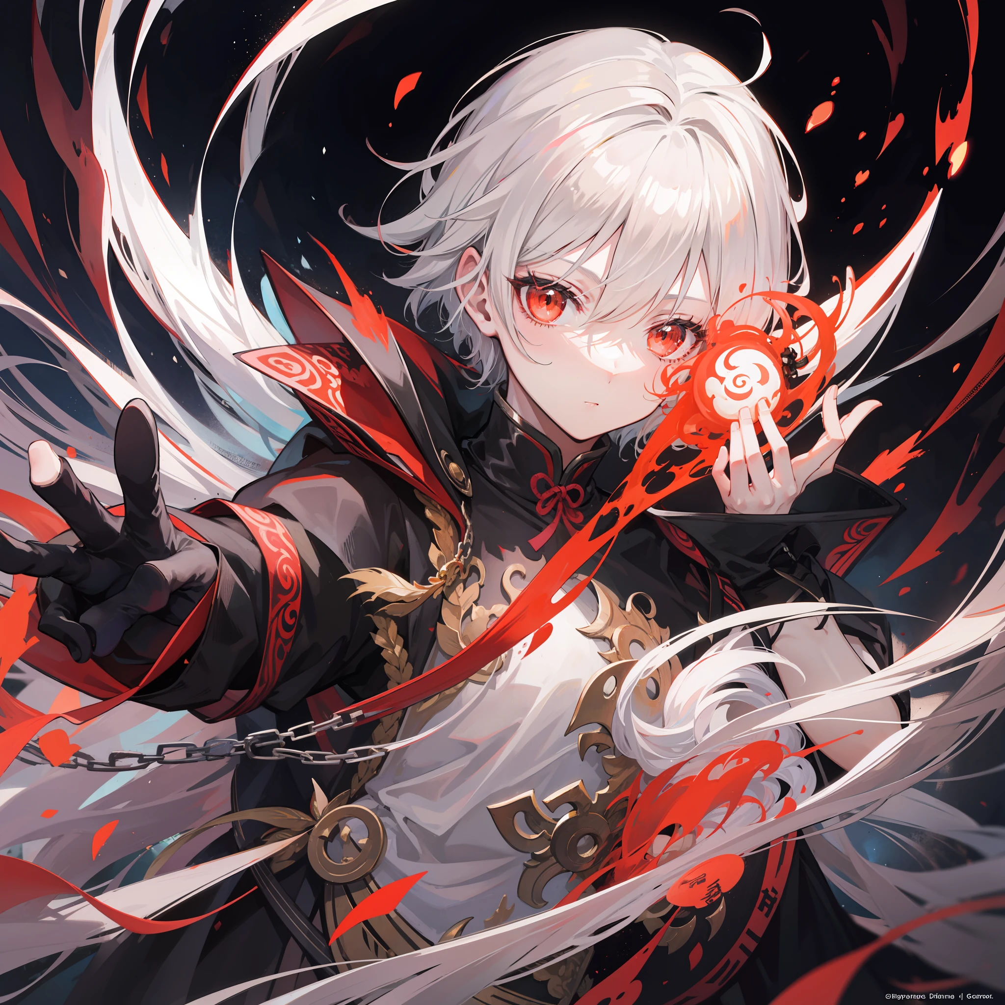 {[{{"Gorgeous dark atmosphere, 4k artwork of man with gray hair and glowing red eyes, short detailed hair,Feng Shui master,The five elements of yin and yang,yellow dragon."}]}}