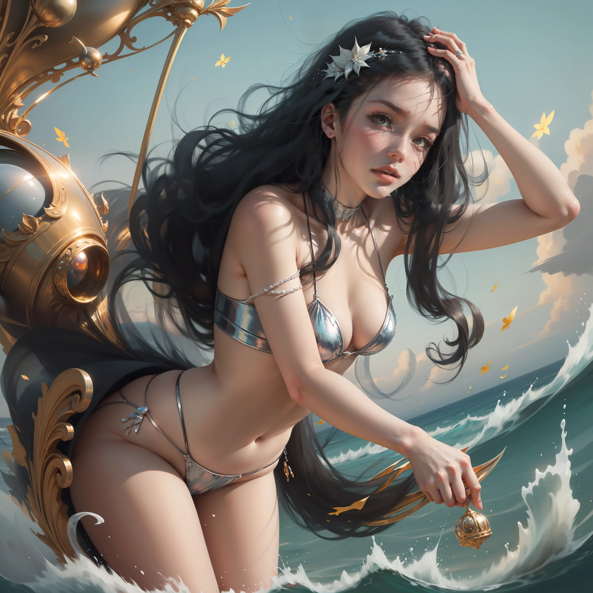 In the style of anime, Young pearl divers surface, Treasure in hand. A close-up captures her triumph and the sparkling sea behind her. Ultra HD and 8K resolution. artist: Alex Stroll --ar 9:14 --s 400 --niji 5