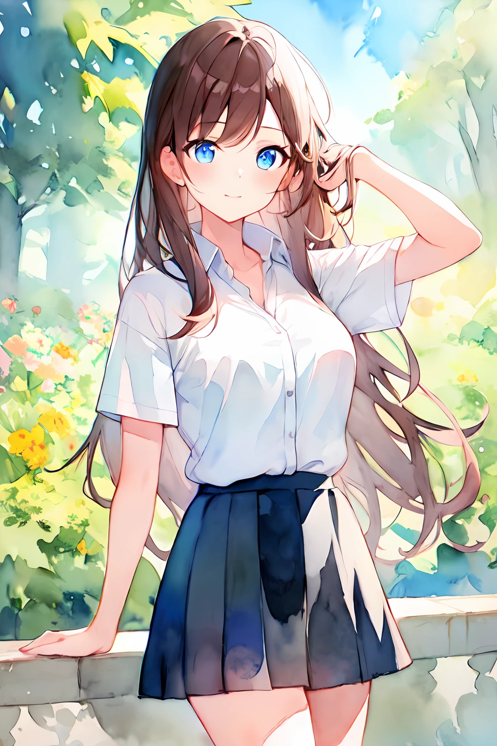 1 girl, medium breasts, big blue eyes, brown hair, white button shirt, black skirt, school uniform, cute, young, posing, very long hair, looking at viewers, park, (watercolor:1.2)