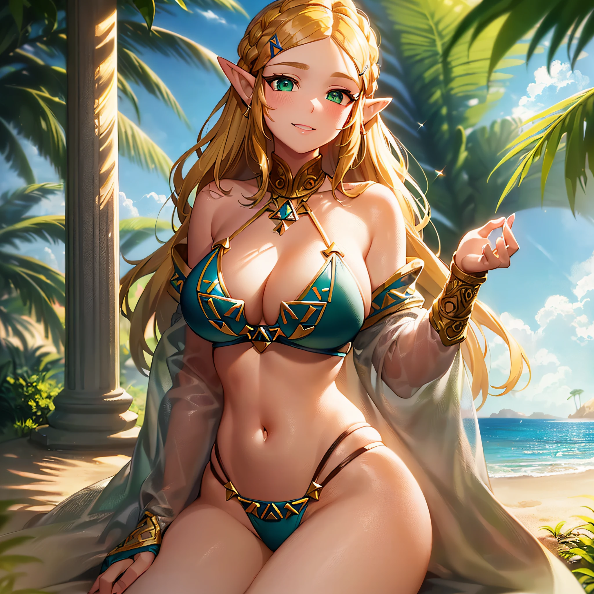 ((masterpiece)),(illustration),(((best quality)),iridescent, high resolution illustration,Amazing,highres,intricate detail, extremely detailed CG unity 8k wallpaper ((zelda)), large breasts, cleavage, full body, (delicate cute face), blond long hair, lovestruck,(green eyes), beach, sunlight, day time, micro bikini, smile, facing viewer, ,