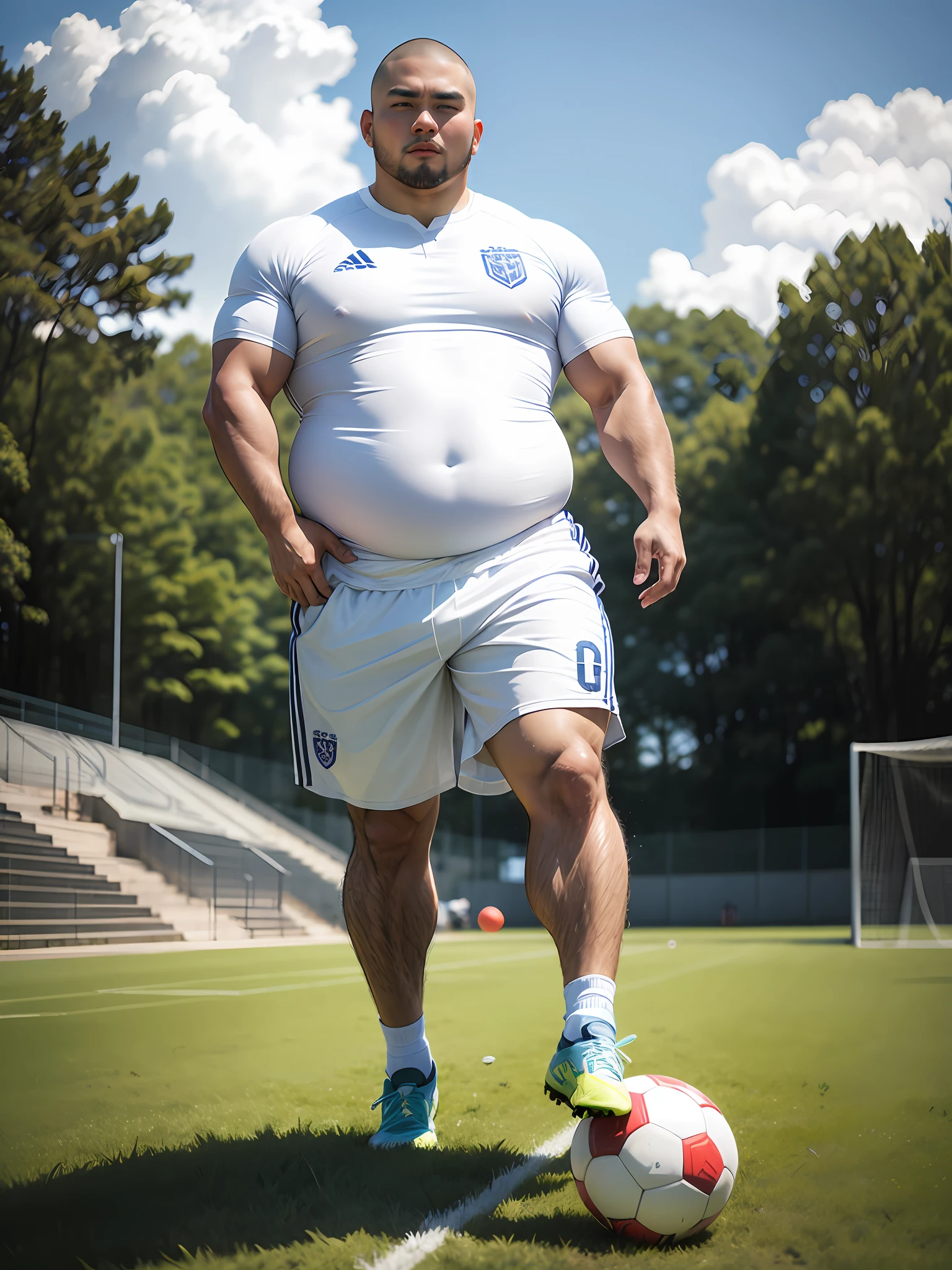 soccer court，play soccer，chineseidol，white  clothes，Asian muscular chubby man，Fat，Strong，Jayrent，skinhead，Feet，soccer ball，Sports ，full bodyesbian，Sunny，grassy fields，big feet