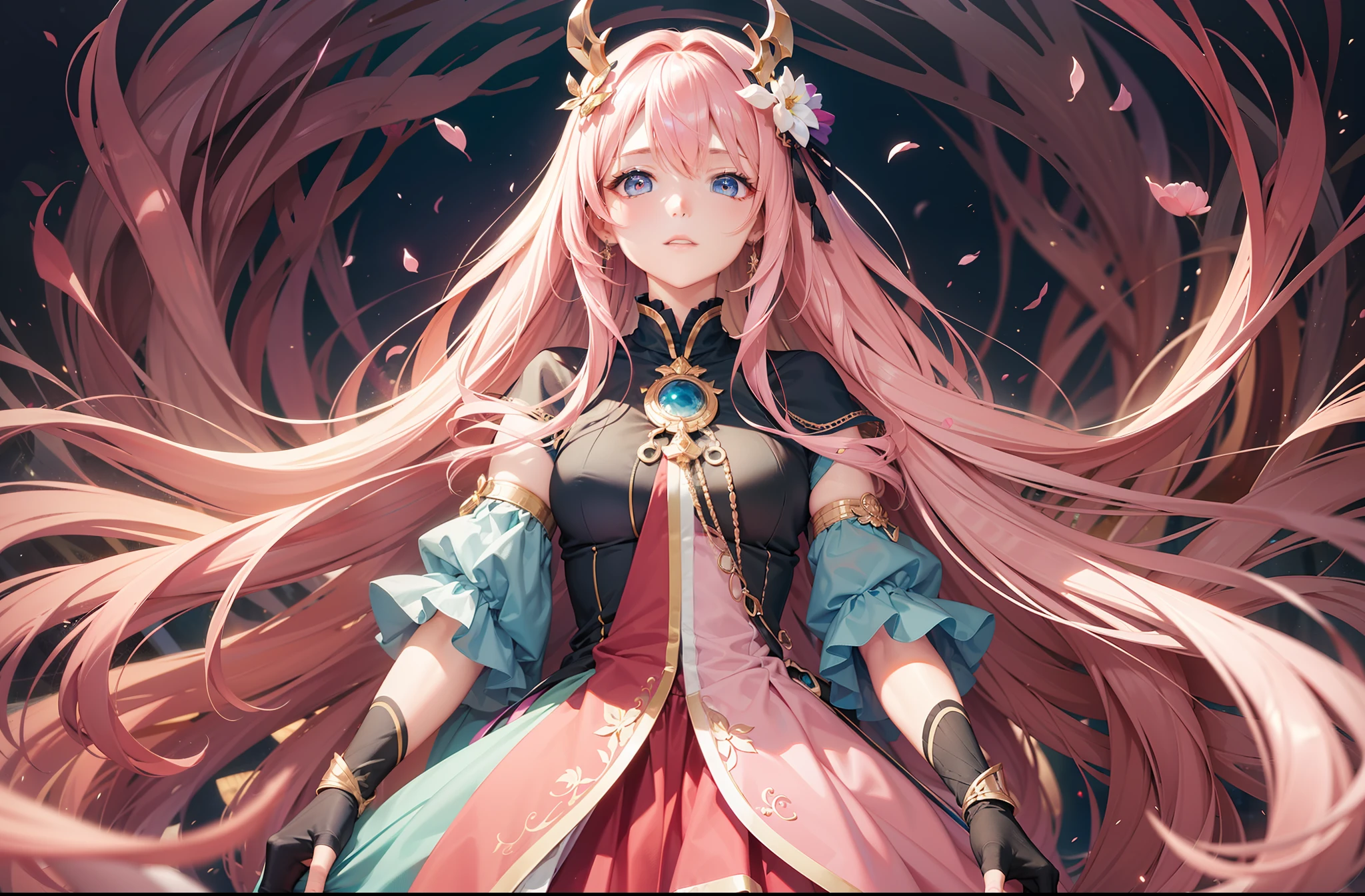 high qulity，Rich in layers，（1female），Extremely rich colors，Long flowing hair，（フラクタルアート1.6），Side face，plethora of colors，Extremely colorful，Pale pink color scheme