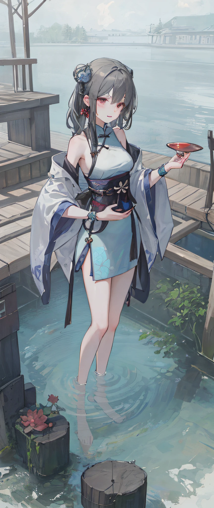 ((4k,masterpiece,best quality)), shuimobysim, Traditional chinese painting, lotuses, Hanfu, maxiskit, Dress conservatively 1girl, solo, blue long hair, ssmile, standing on your feet, Feet in the water, The barefoot,low chest,Bigchest,