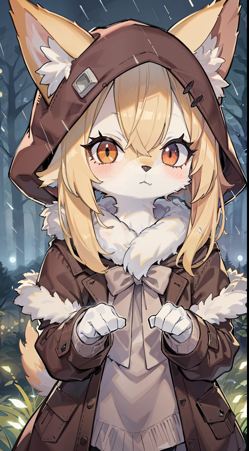 Fox Boy，hairy pubic，shaggy，Skin fur，Golden fur，Golden yellow face fur,Short straight blonde hair，Eyes have light，Red eyes，Super cute face，Brown elements on fur，Brown hooded coat，Beautiful lights and shadows，Ambient light，Ultra-fine fur，volumettic light，Night,natural  lightting，Fluffy tail，Brown hood up，Night，starrysky，Vast landscape，rainy outside，Rained，Rained，raining mood，wash off in the rain，crossed bangs, Hairline, Shiny hair, lone nape hair, ，Dilated pupils，Sleepy，dark circles，（moon full：1.2），（meteors：0.9），（Starcloud：1.3），Inside the woods，maple， Maple leaves fall，（Warm light source：1.2），（glowworm：1.2），lamp lights， Purple and orange，Complicated details，Volumetriclighting，Realist breakthrough（tmasterpiece：1.2）（best qualtiy），4K，Ultra-delicate，（Dynamic configuration：1.4），Highly detailed and colorful details，（Irridescent color：1.2），（luminouslighting，Atmospheric lighting），dream magical，magic，（独奏：1.2）