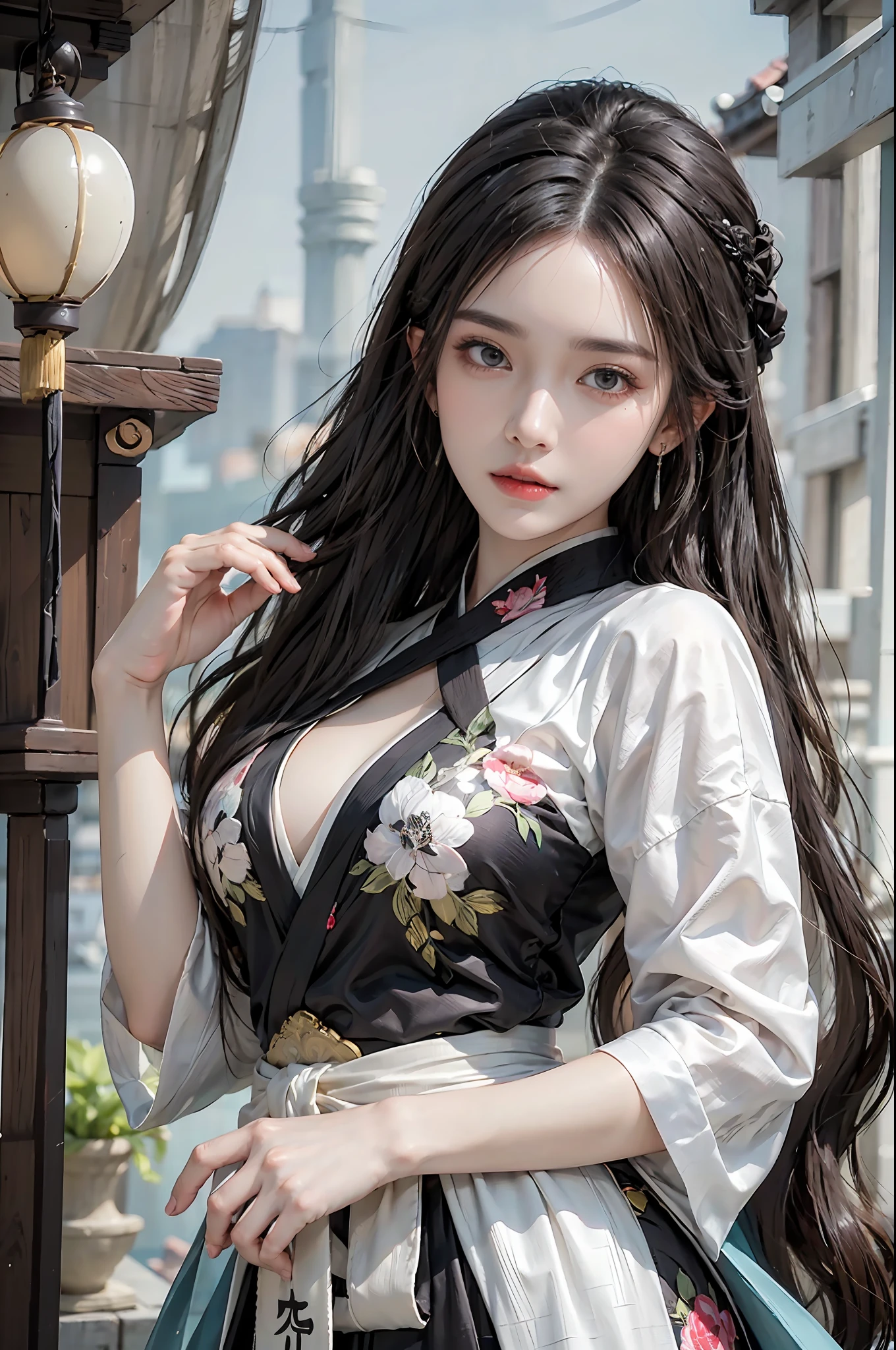 photorealistic, high resolution, 1 girl, hips up, beautiful eyes, light black hair,long hair, intricate brocade hanfu, gorgeous accessories, wearing pearl earrings, corlorful clothes, Chinese architecture
