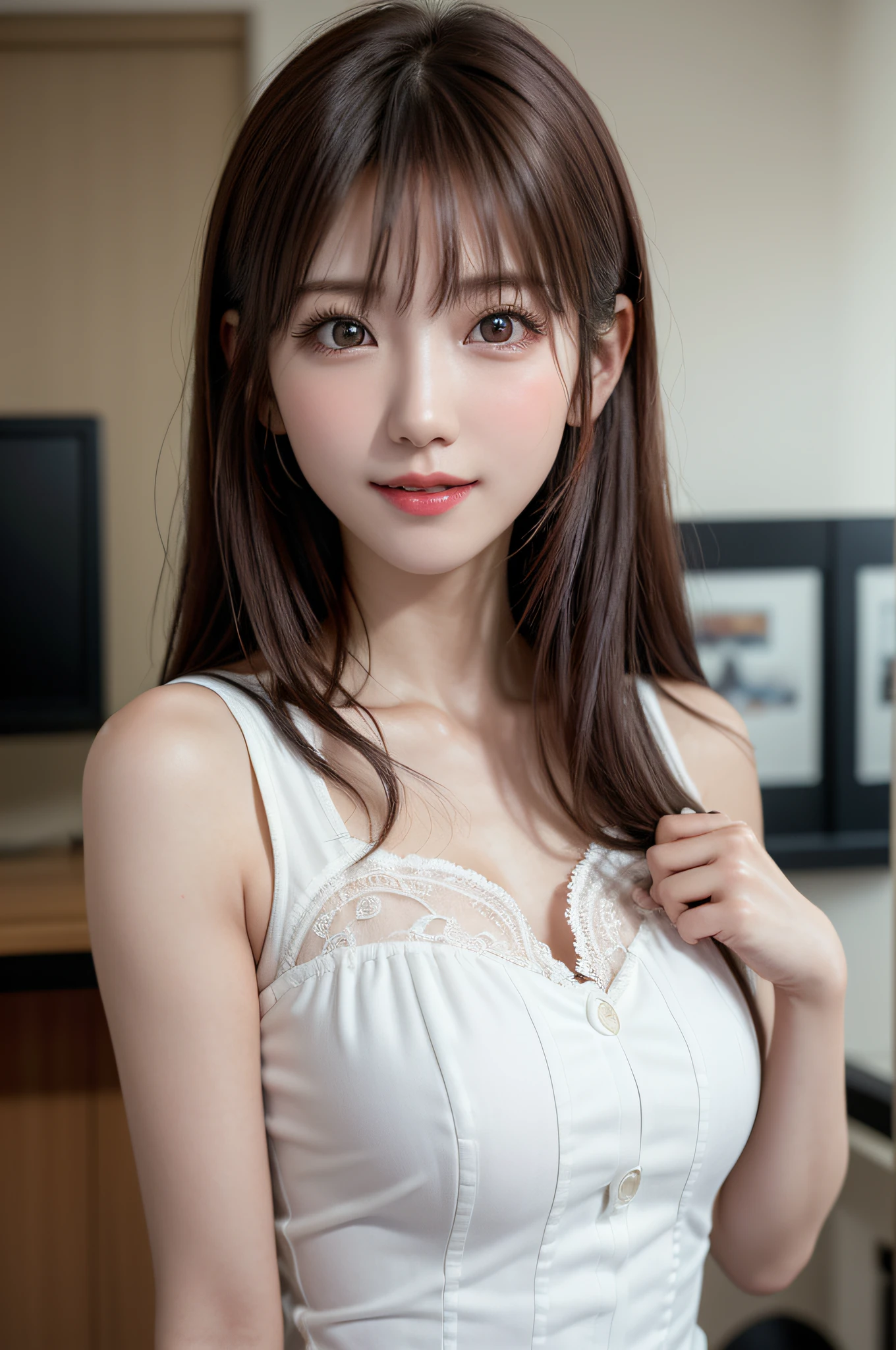 White see-through blouse,Face Interview, (Photo Real:1.4), (hyper realisitic:1.4), (realisitic:1.3), (Smooth lighting:1.05), (Improve video lighting quality:0.9), 1womanl, a 20 yo woman, Realistic lighting, Back lighting, Facial light, raytrace, (cheerfulness:1.2), (Improved image quality:1.4), (Finest Real Textured Skins), finely eye, a small face, Red cheeks, skinny body, medium-breasted pointed jaws,,,,, Korean Idol, Nogizaka Idol, glowy skin, hposing Gravure Idol, P, Blunt bangs, light brown hair, hair behind ear, hair over shoulder, Long hair,Tear bag,Summer plateau、