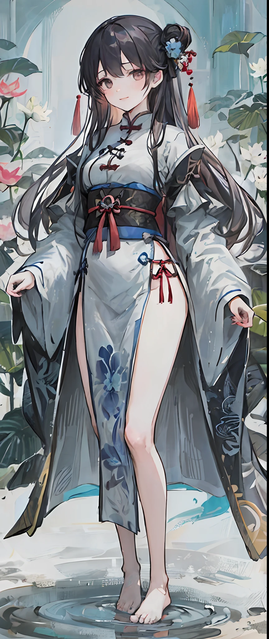 ((4k,masterpiece,best quality)), shuimobysim, traditional chinese ink painting, lotus, hanfu, maxiskit, dress conservatively 1girl, solo, long blue hair, smile, standing, feet in the water, barefoot,