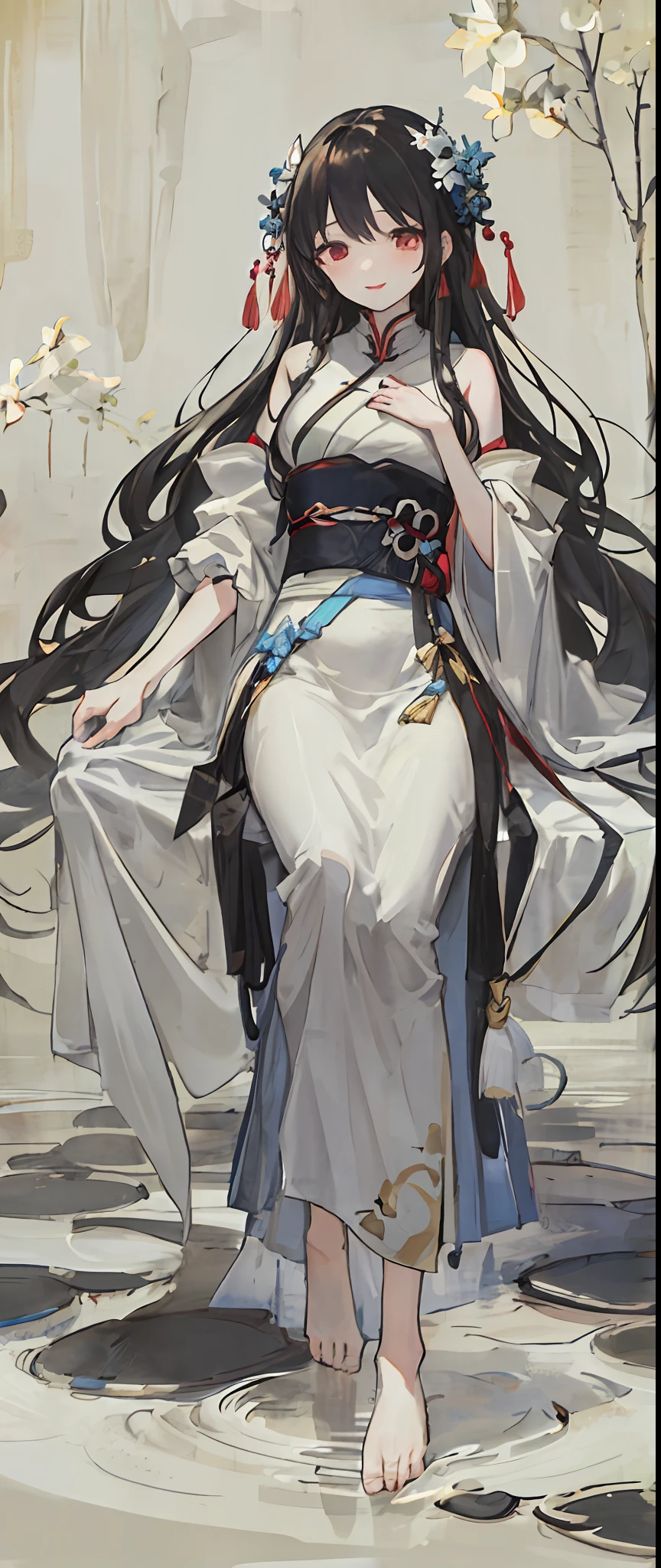 ((4k,masterpiece,best quality)), shuimobysim, traditional chinese ink painting, lotus, hanfu, maxiskit, dress conservatively 1girl, solo, long blue hair, smile, standing, feet in the water, barefoot,