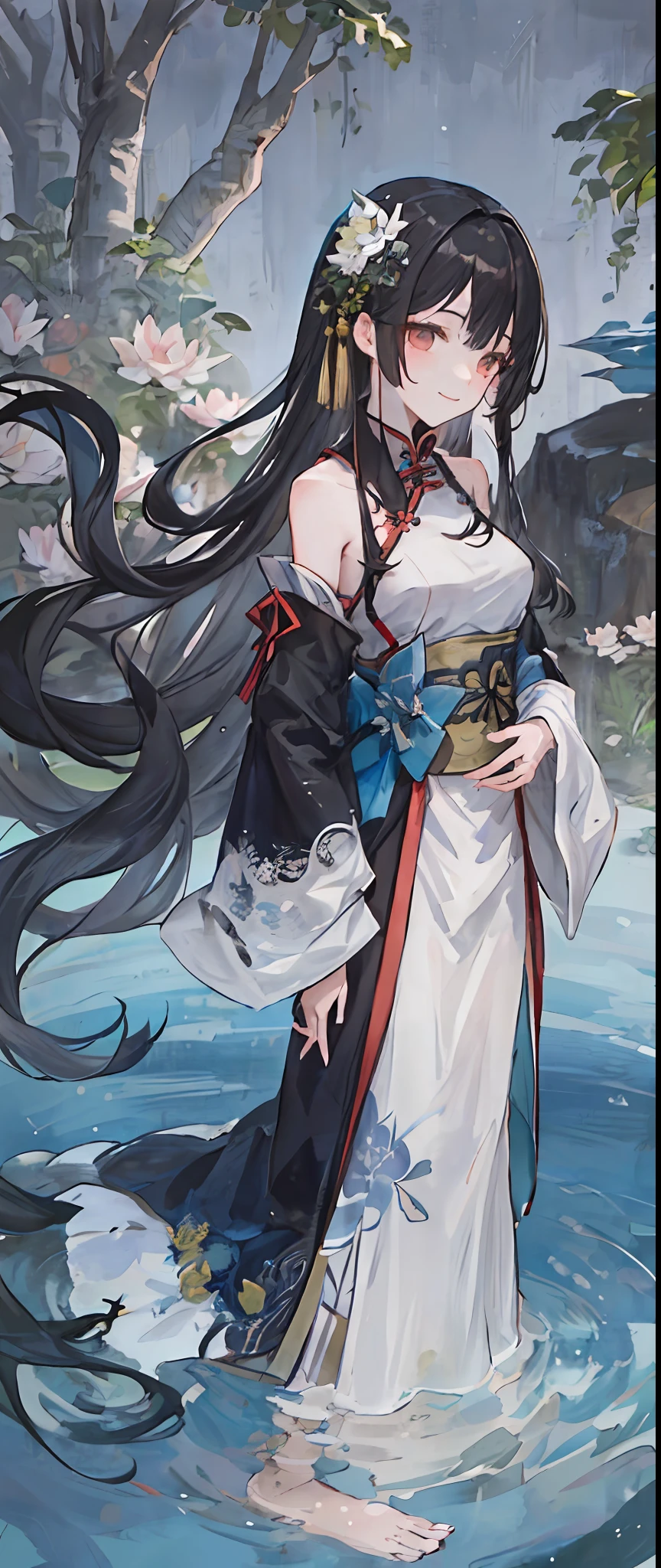 ((4k,masterpiece,best quality)), shuimobysim, traditional chinese ink painting, lotus, hanfu, maxiskit, dress conservatively 1girl, solo, long blue hair, smile, standing, feet in the water, barefoot,