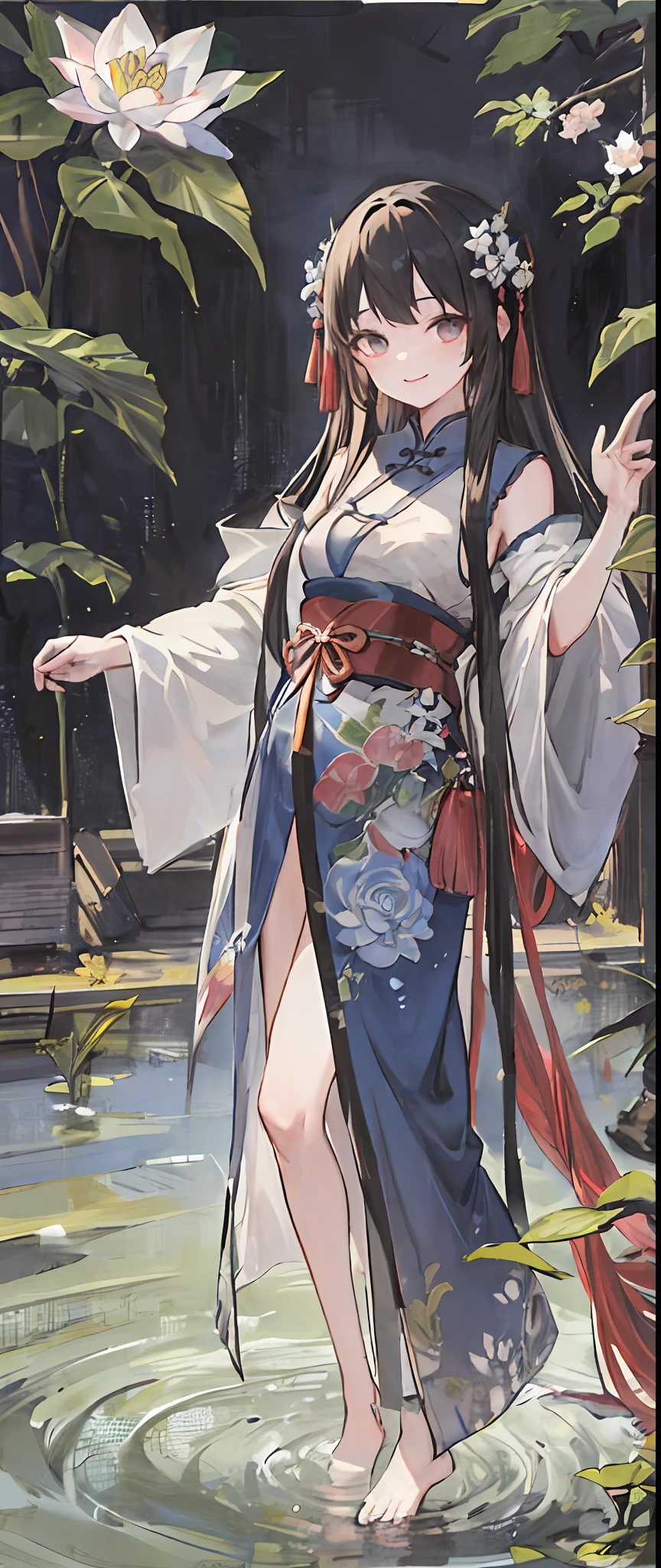 ((4k,masterpiece,best quality)), shuimobysim, traditional chinese ink painting, lotus, hanfu, maxiskit, dress conservatively 1girl, solo, long blue hair, smile, standing, feet in the water, barefoot,