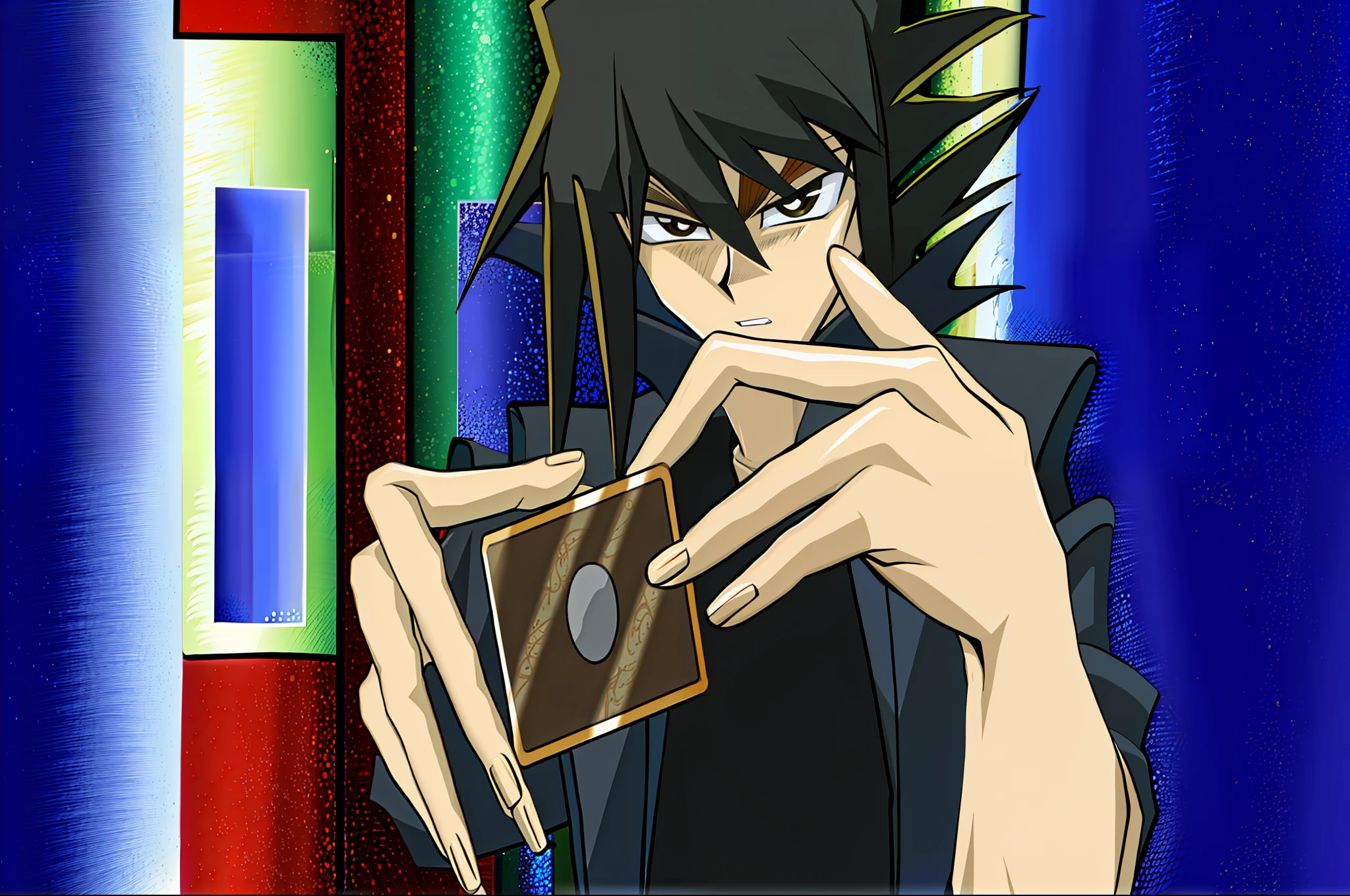 (masterpiece, best quality), TakahiroKagami, 1boy, black hair, medium hair, sharp eyes, brown eyes, black jacket, red undershirt, serious, picking card,