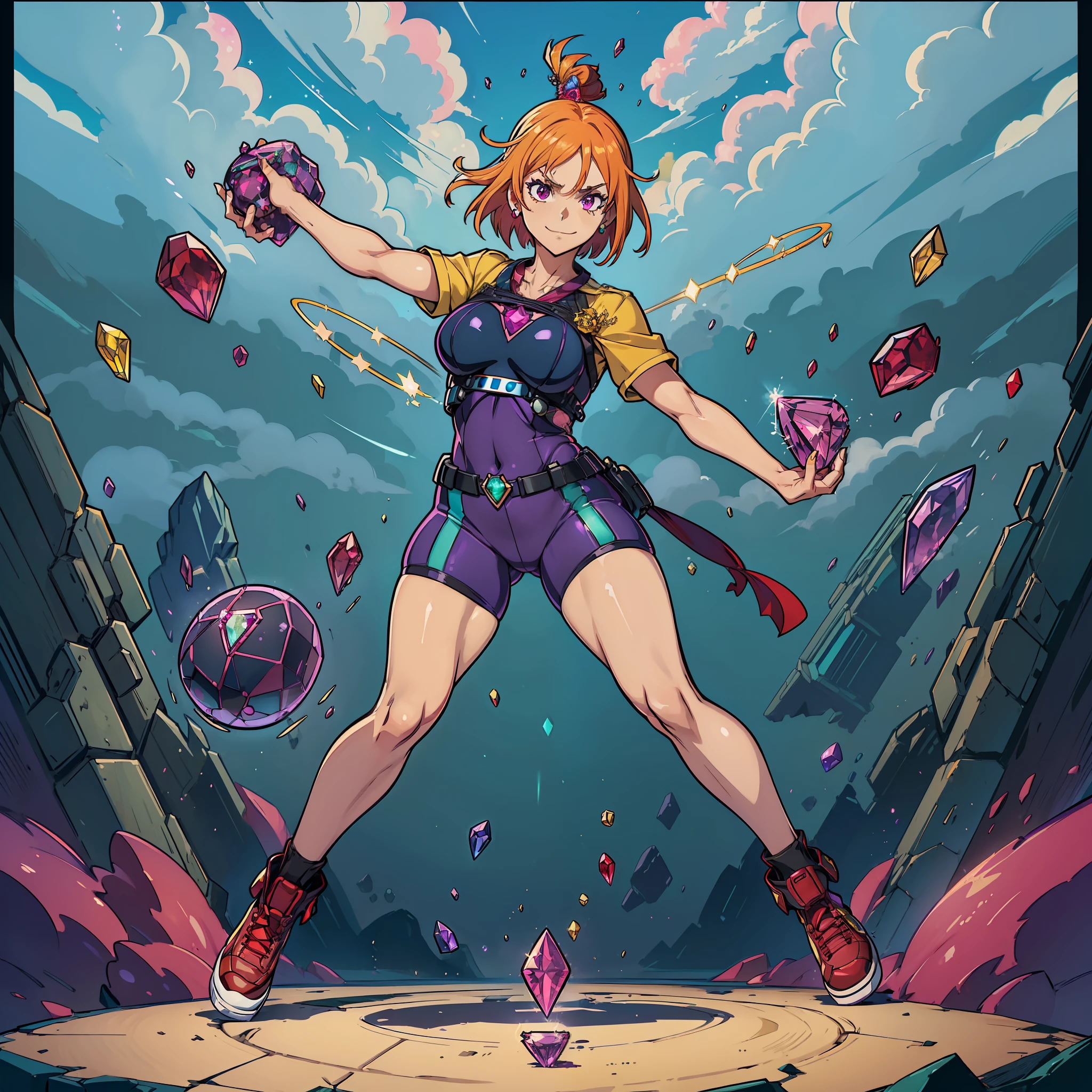 (((((((1girl in,Solo))))))), ((((Full body shot)))), (standing), flat background, ((((((police uniform)))))), (((Plug suit style police uniform))), Beautiful detailed girl, Animated, Whole body, up looking_at_viewer, Personage as the main perspective, Very gorgeous metal style, muscular, 25 years old, ((Very short hair)), flipped hair, beautiful detailed cold face, Evil smile, v shaped_eyebrows, Navel, thighs thighs thighs thighs, Military, Formal, ((Red sneakers))、((((Blue Spats)))), (((Purple gemstones fly through the air, Red Gemstones Fly in the Sky, Green Gemstones Fly in the Sky, Yellow Gemstones Fly Through the Sky))), ((((((Image of throwing gems)))))), Simple background, underboob, Reference Sheet, very fine 8K CG wallpaper, absurderes,((((masutepiece)))), High quality, very_high_resolution, Large_filesize, fulcolor, ((Beautiful detailed glow)), street fighter
