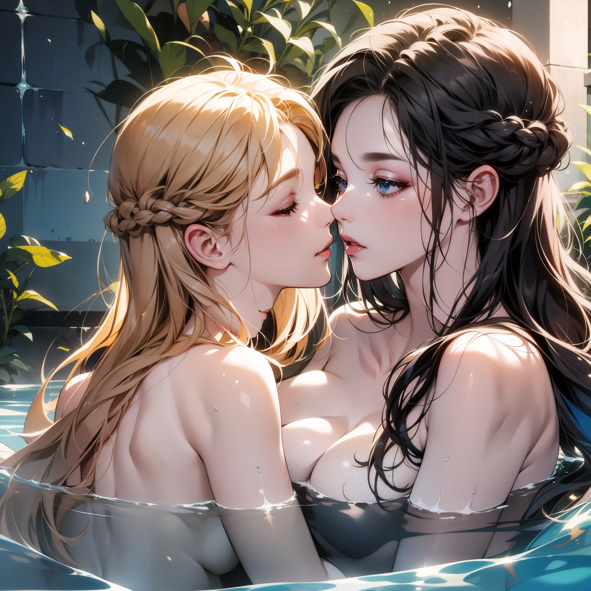 Maidens bathing, hug, kiss, lesbian, wet hair, lipstick