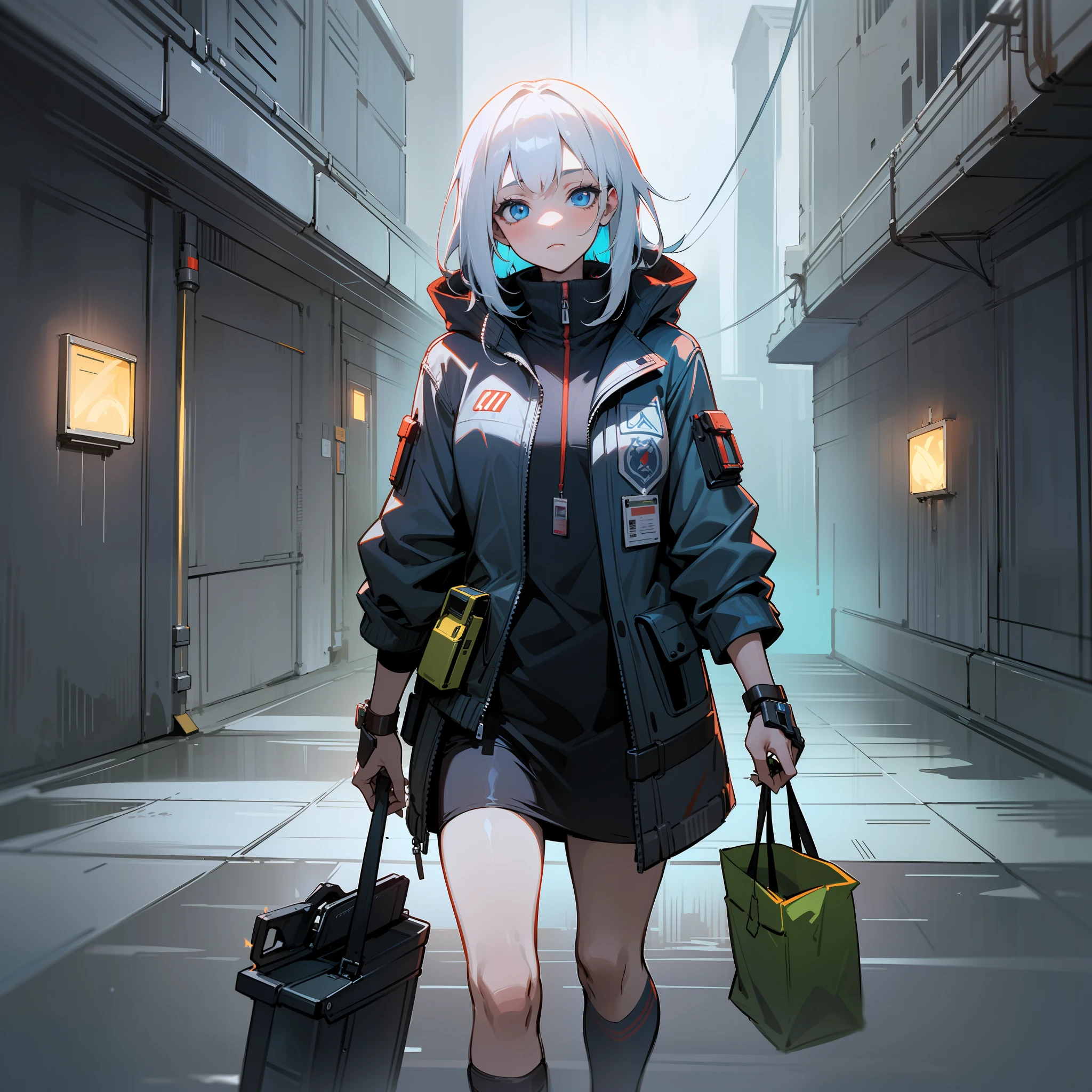 (Abandoned cyberpunk style dungeon in the fog,Combustion reflex,High-quality scene descriptions,Girl with blue eyes and white hair,Carrying a bag)