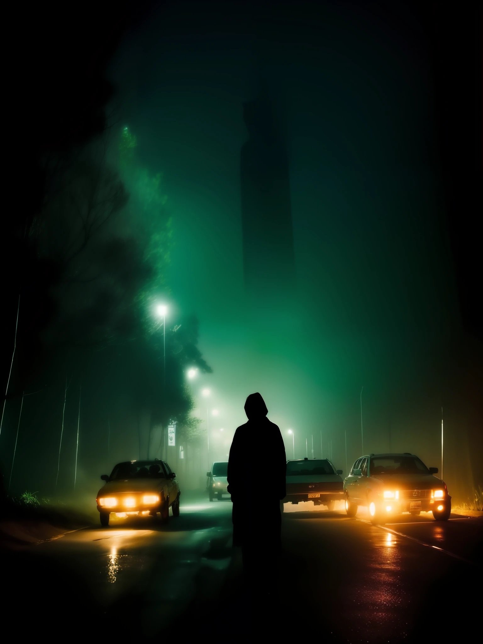 the dark side of the Jakarta road, eerie person silhouette, eerie thriller aesthetic!!!!, dark eerie photograph, dark eerie photo, u