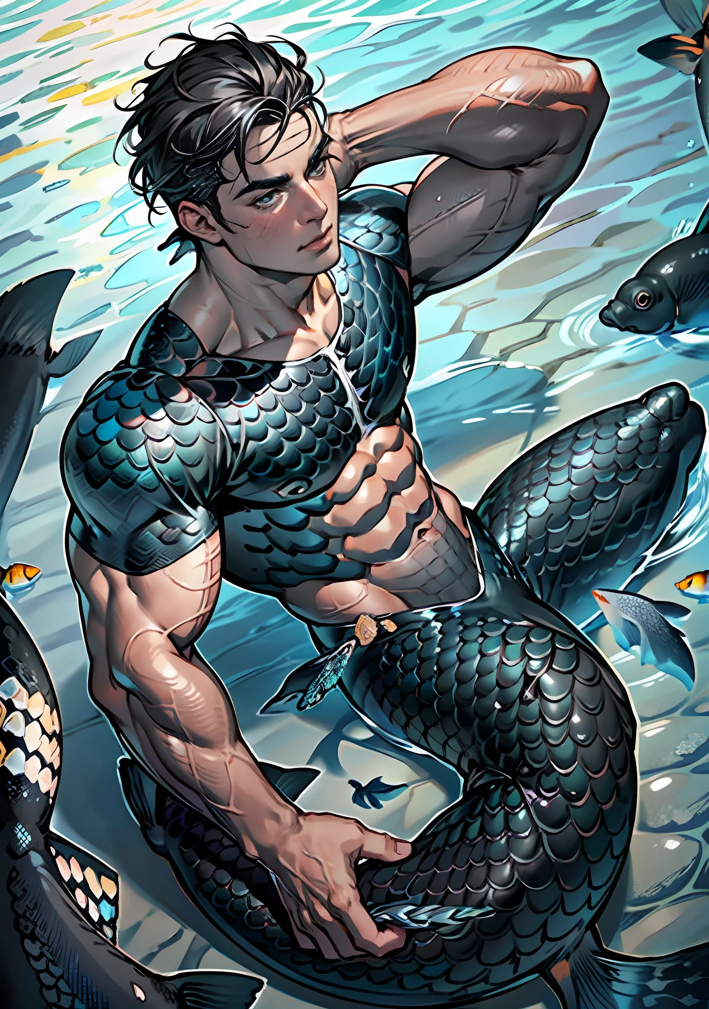 handsome man, on an obsidian beach with water covering lower body. Top view , expression of ecstasy, fish scale skin, mermaid skin, (black fish scale skin:1.5), mermaid man with fish scales skin