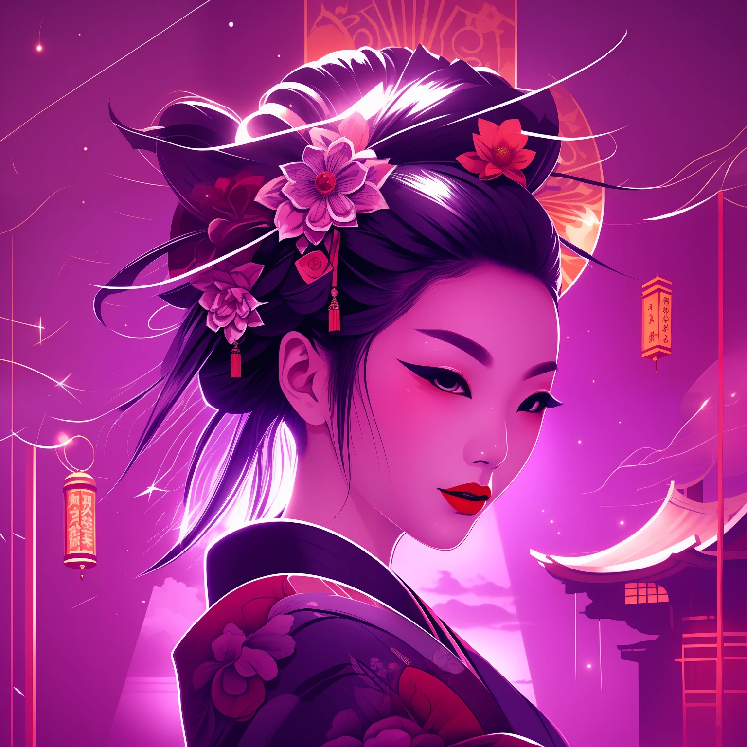 Graphic illustration，geisha，closeup cleavage，dojo，rays of moonlight，tmasterpiece， super detailing， Epic composition， hyper HD， high qulity， extremely detaile，