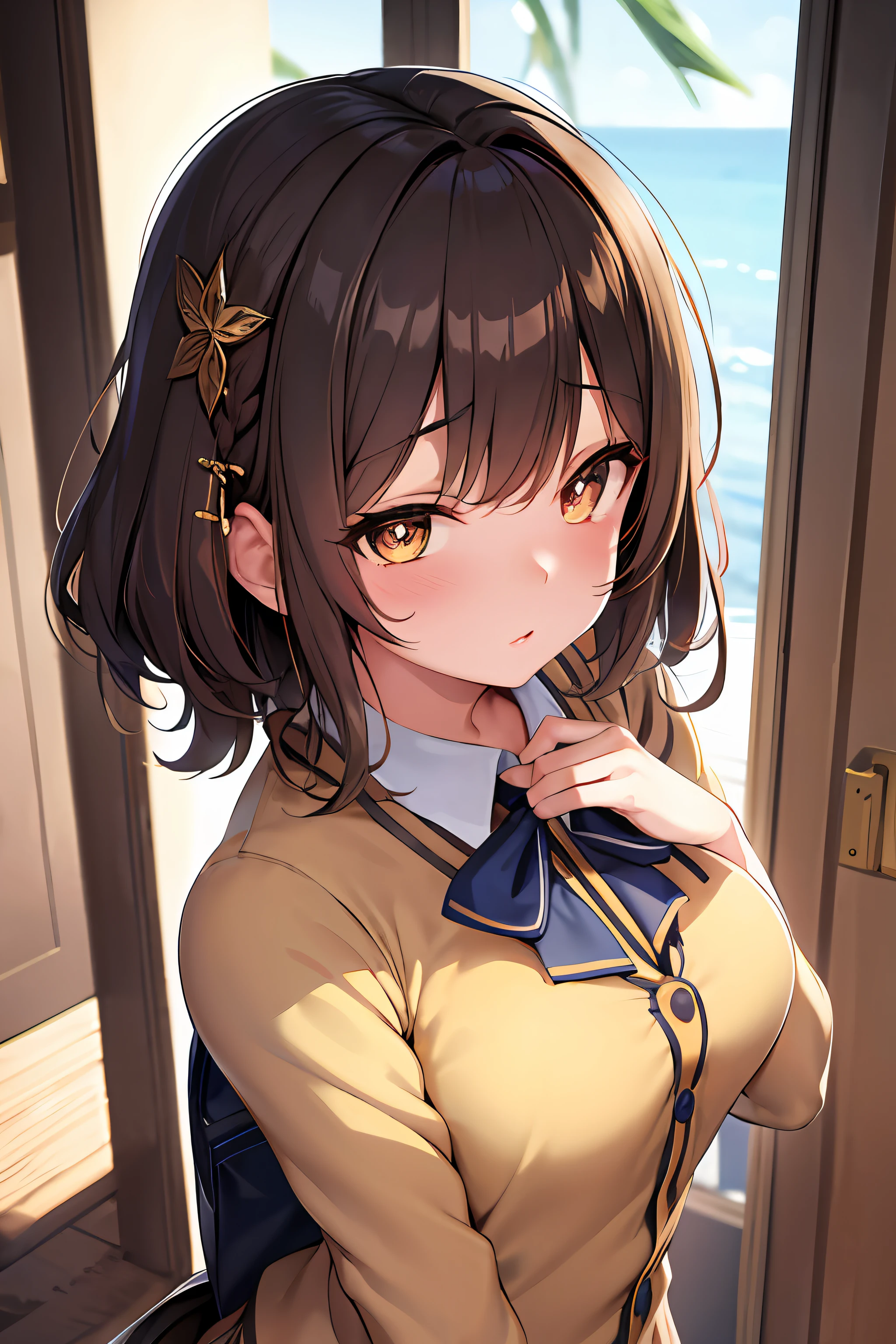 schoolgirl, Brown hair, Medium hair, Sailor suit, (Naked:1.4),  (Blushing:1.0), Detailed face, Roadside, POV crouching