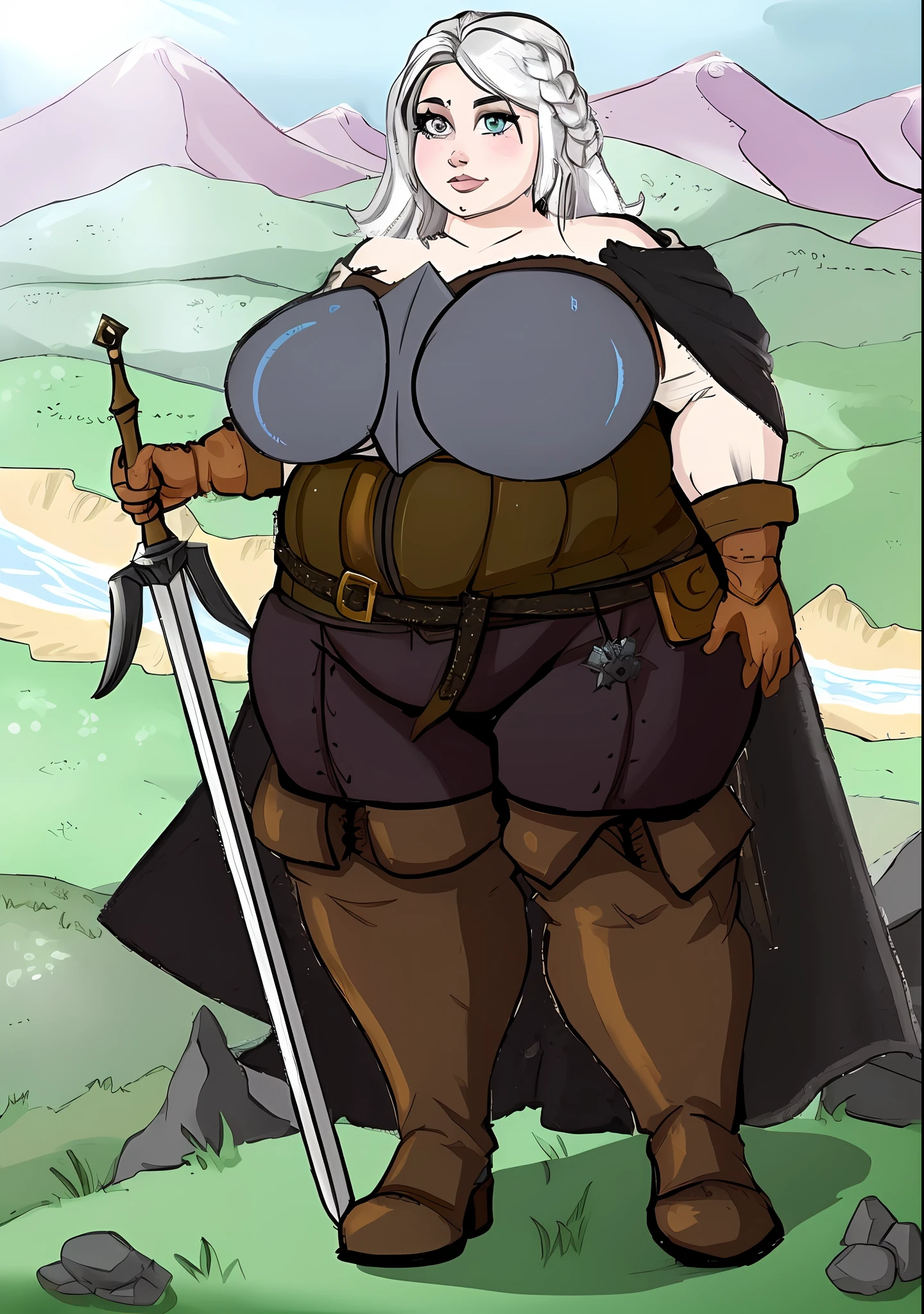 a cartoon drawing of a woman in armor holding a sword, mighty plump female sorceress, mother of witchers, thicc, d & d style full body portrait, fullbody rpg portrait, purple eyes, mighty princess of the wasteland, rpg portrait full body, d&d character commission, thick armor, commission for high res, female cleric, dressed like a cleric, princess hair, --auto