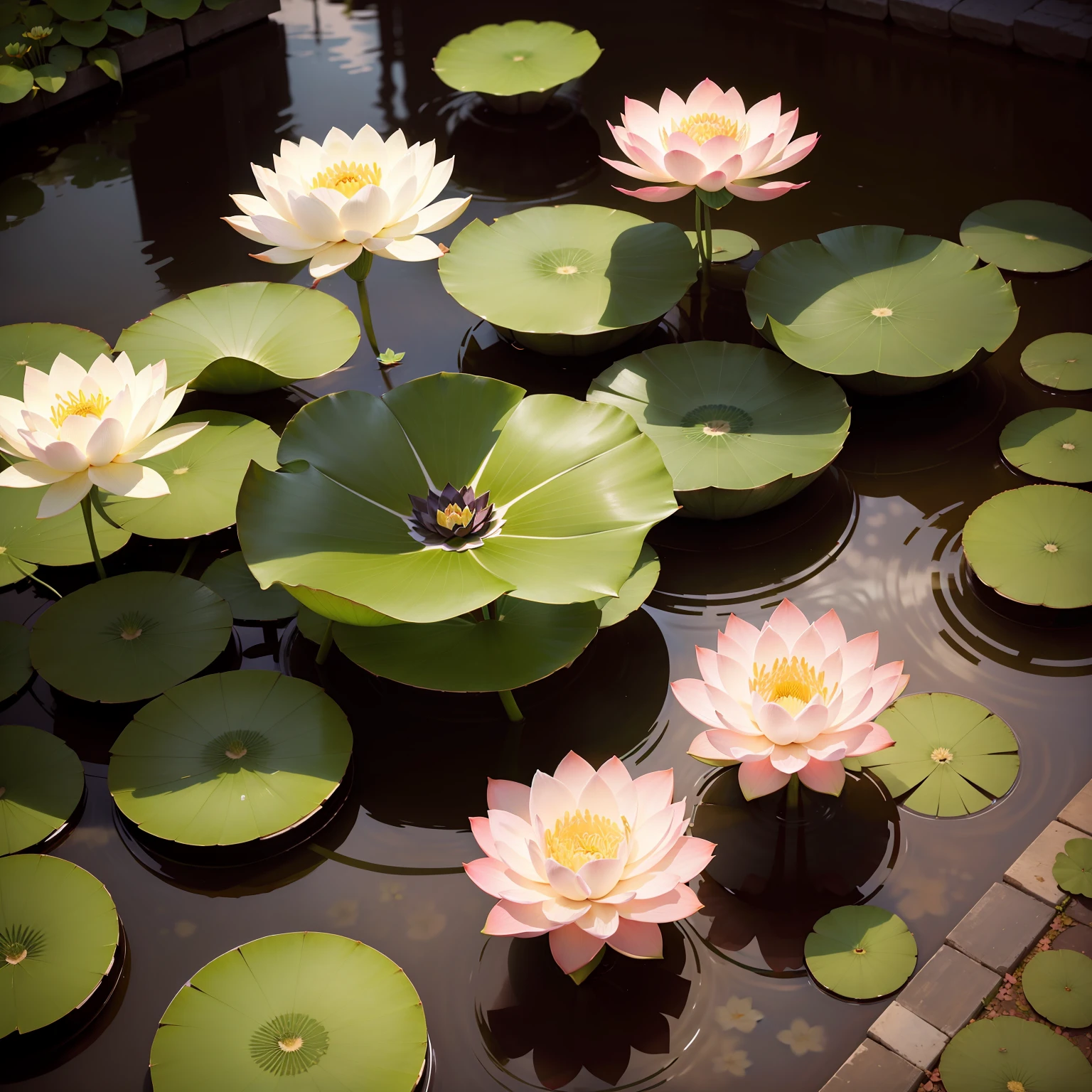 Lotus flowers blooming in a leafy garden, a picture by Maeda Masao, shutter inventory, sōsaku hanga, lotuses, lotuses, Lotus, lotus flower, lotus petals, standing gracefully upon a lotus, with lotus flowers, lotus flowers on the water, Pink Lotus Queen, Lotus pond, sitting on a lotus flower --auto