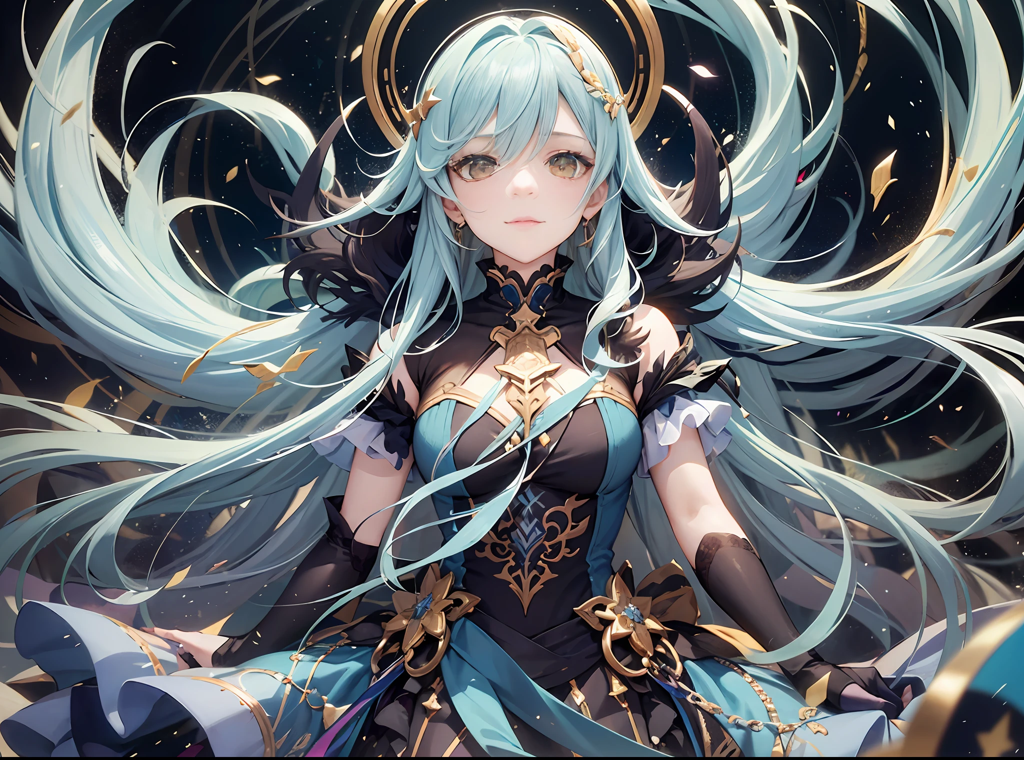 high qulity,Rich in layers,(1female),Extremely rich colors,Long flowing hair,long whitr hair,(フラクタルアート1.6),orthofacial,plethora of colors,The background is colorful,Extremely colorful,Light blue color scheme