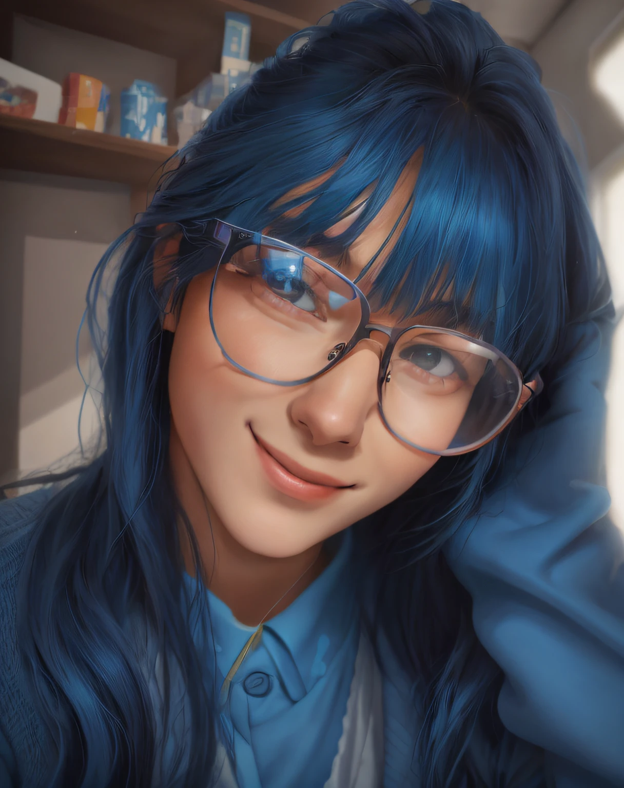 a woman with glasses while posing for a photo, Retrato Lofi, Transparent glasses, Brilhando com luz colorida, bonita ligeiramente nerd sorriso, com luzes azuis brilhantes, imagem do avatar, thick glasses, foto de perfil 1024px, leve sorriso nerd, azul colorido, imagem de qualidade muito alta, foto de perfil, granulado de baixa qualidade