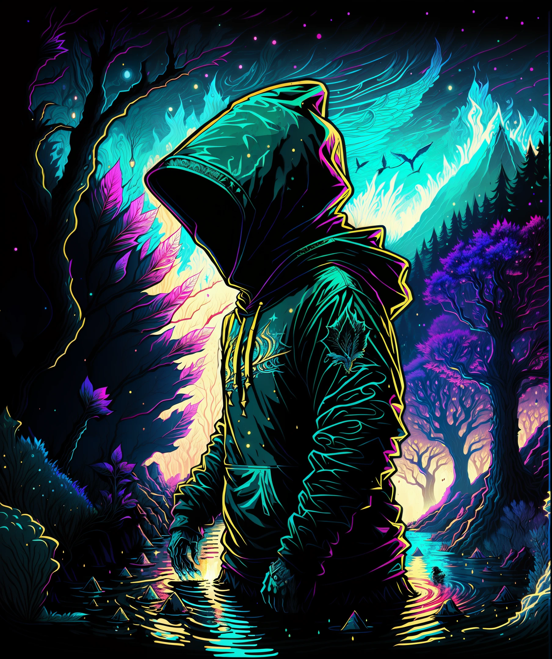 there is a person in a hoodie standing in a pond of water, vector art inspired by Jakub Schikaneder, shutterstock contest winner, magical realism, a beautiful artwork illustration, hooded figure surreal, jen bartel, magical sparkling lake, mysterious glow, in style of laurie greasley, among golden fireflies, cloaked dark winter night, dark illustration