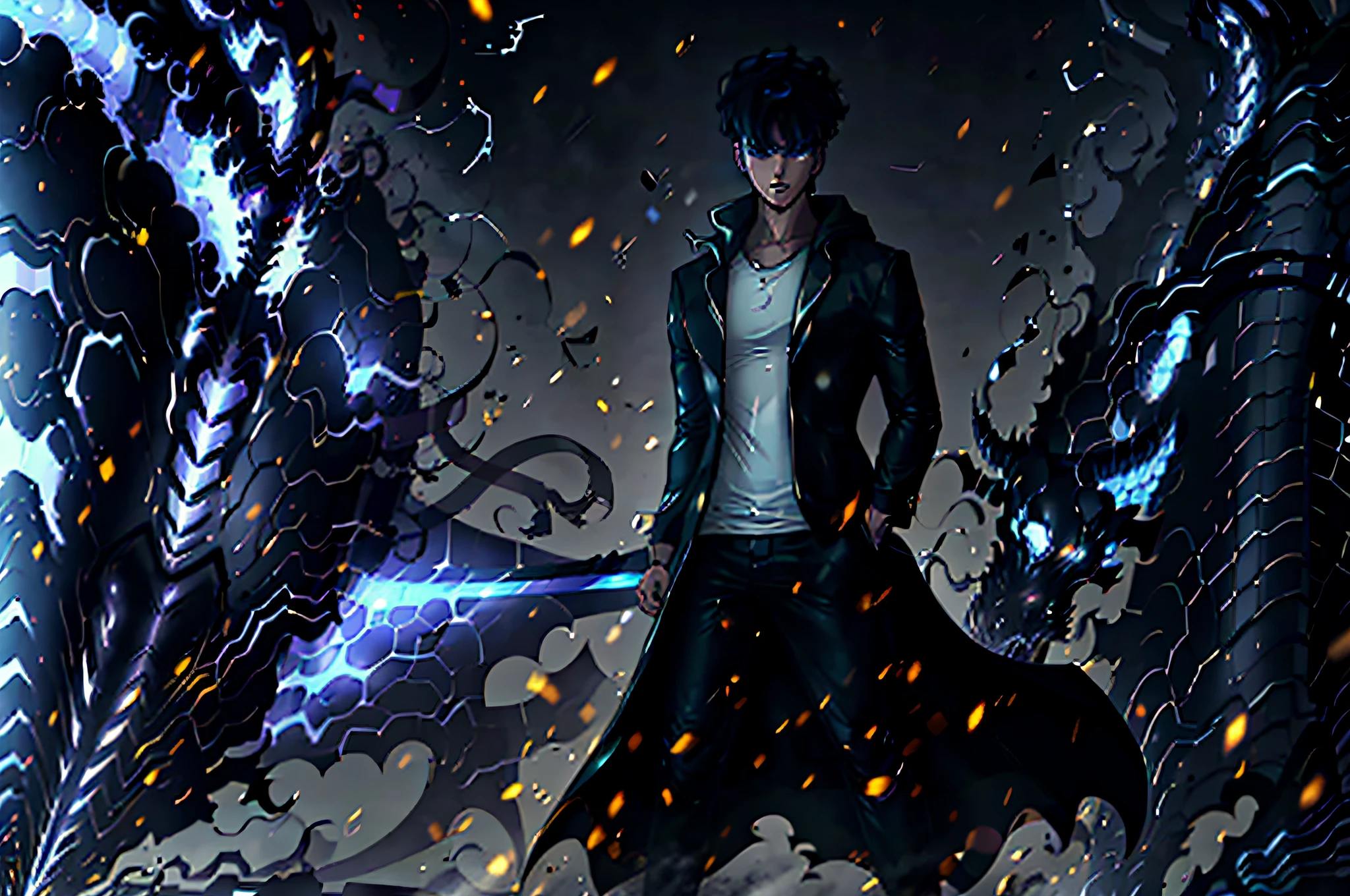 "A man standing before an army of shadows, showcasing the finest quality and artistic mastery. The scene embodies the fusion of demonic and dragon forces. The man is clad in a sleek black jacket and white shirt, with stylized anime linework adding to the aesthetic allure. The eyes are highlighted with a striking blue hue, capturing the essence of the vivid blue sky."