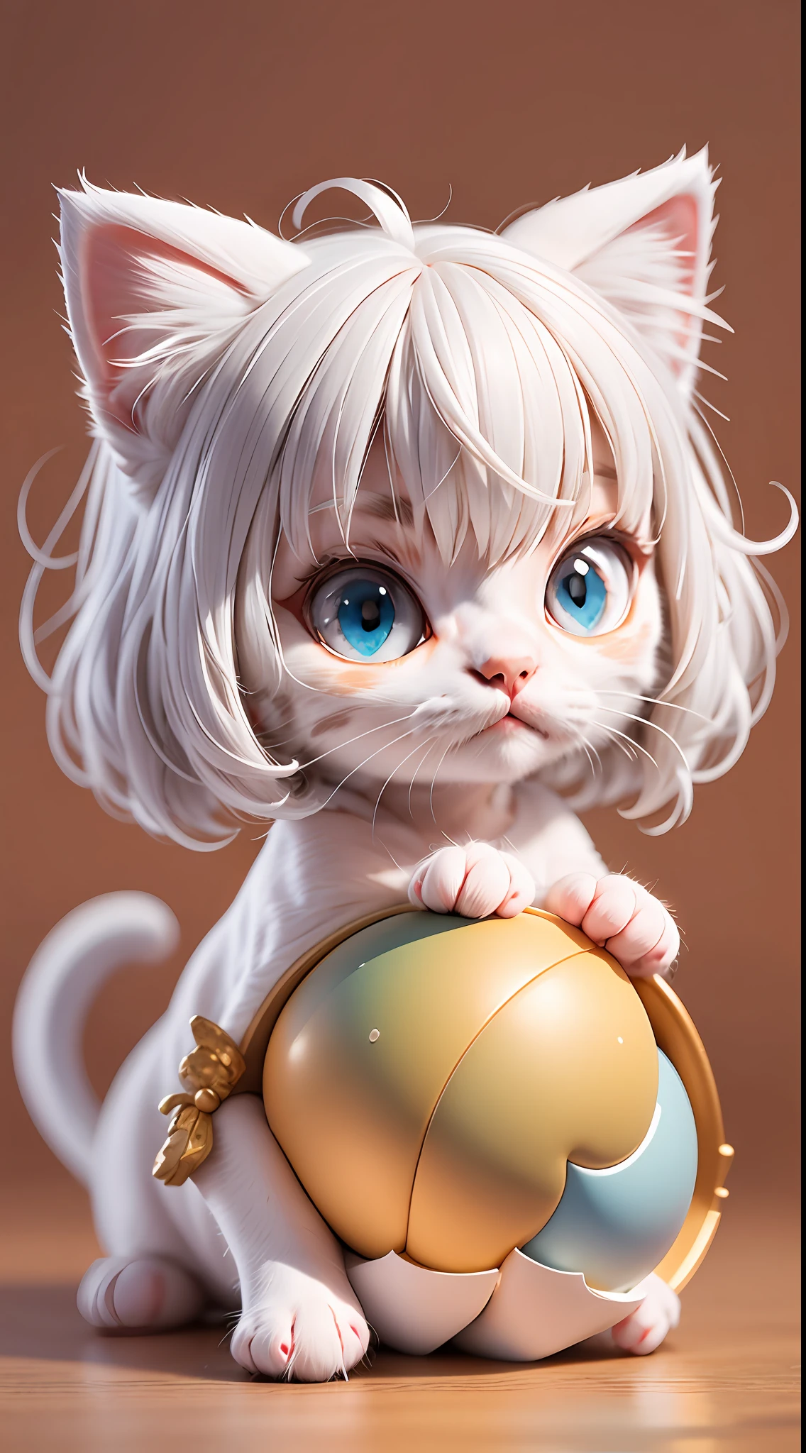 A white-haired kitten,adolable,spherical,afloat,shaggy,Big eyes,Non-human,Simple,Morandi color system