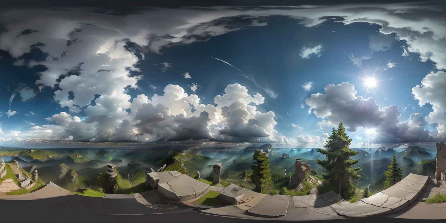 Isometric Panorama 360, modelshoot style, (highly detailed 8k CG unit wallpaper), sky with clouds and sun shining, real amazing clouds, spectacular view from mountain top, concrete ruins, abandoned world, ultra detailed Unreal Engine 4k 8k ultra HD, many trees, closed Forest Horizon, Rock Cutting Forest, Masterpiece, Concept Art, , Complex, High Detail, Sharp Focus, Dramatic and Realistic Painting, 16k