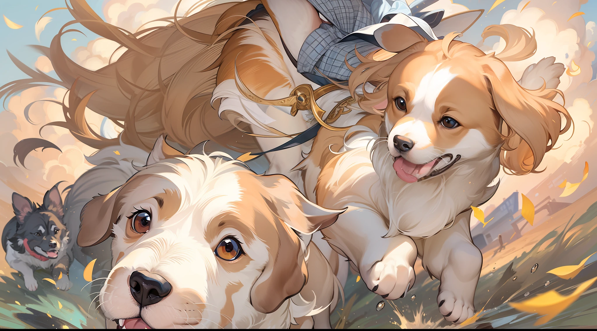 1 beautiful girl,2 large dogs,The dog is running,The girl is catching up,detail-rich,Full of movement,cartoonish style,The light is gentle