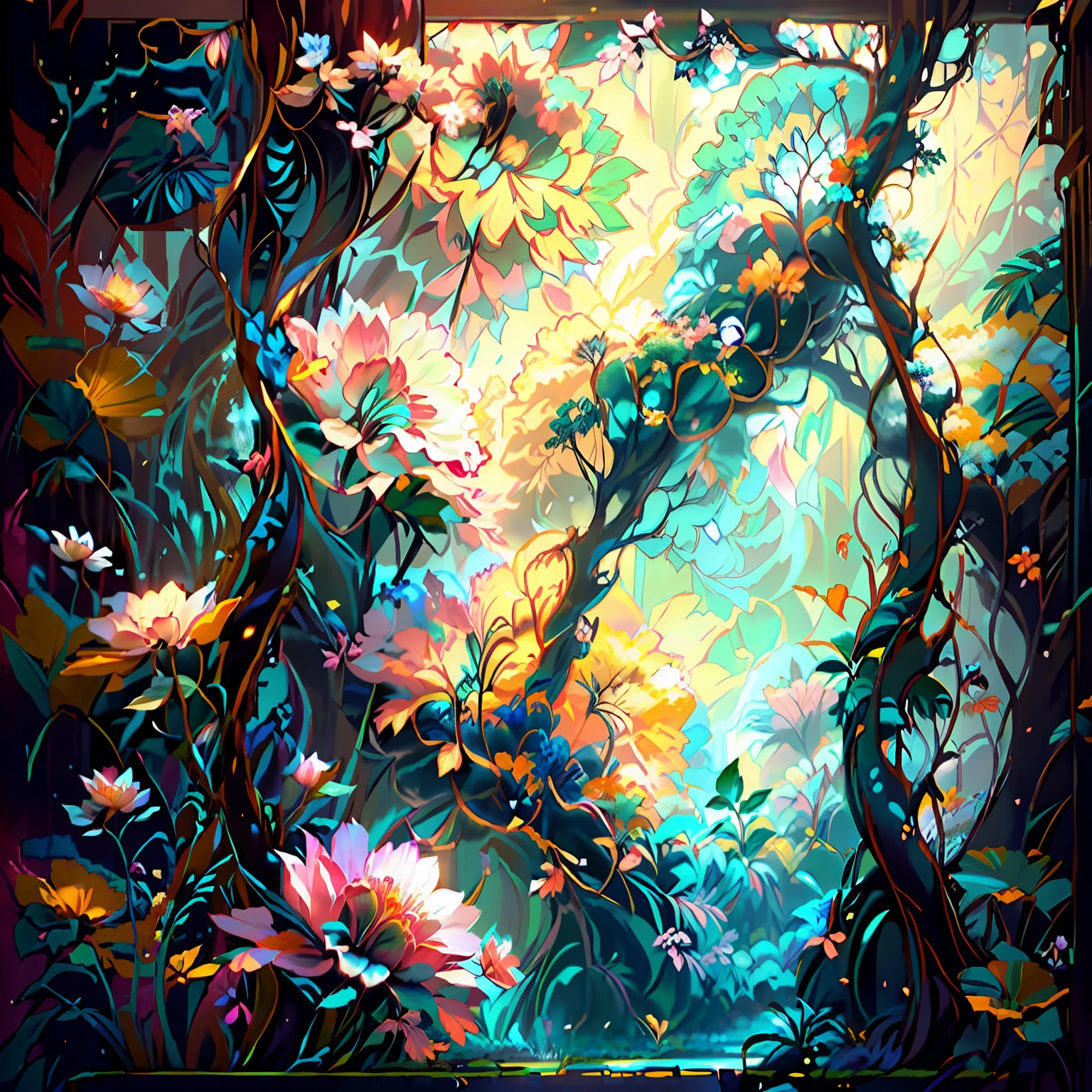 (extremamente detalhado CG unidade 8k papel de parede, master part, best quality, ultra-detalhado), vibrant color saturation, lush garden in full bloom, (flor: 1.5), Dynamic angle, delicate petals, brilhando com brilho, Feminine grace and elegance, paleta de cores pastel.