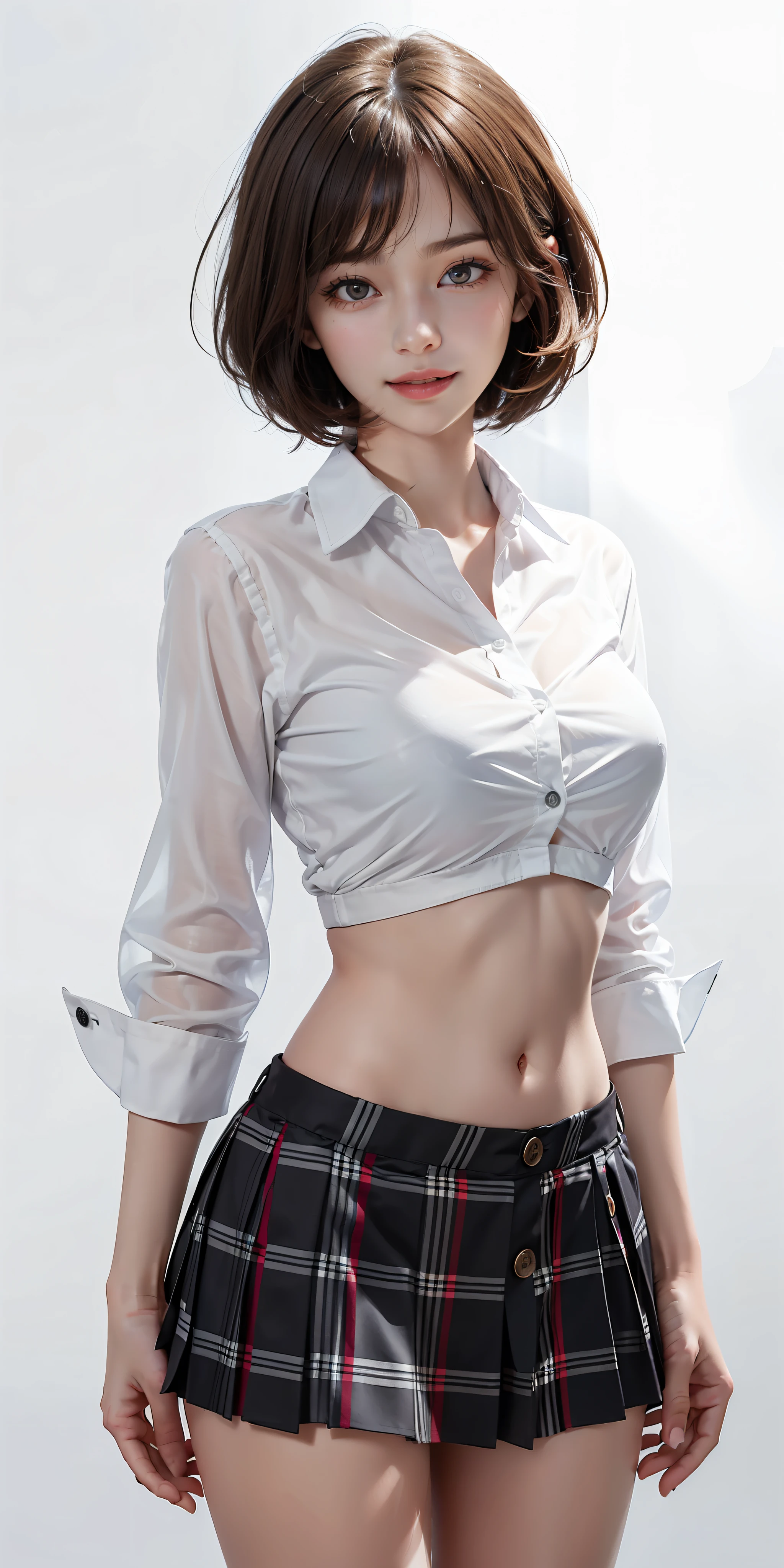 (A hyper-realistic:1.2)、(Photorealsitic:1.6)、(high-detail、hightquality、masterpiece:1.3)、(top-quality:1.4)、hight resolution、8K分辨率、(intricate detailes:1.6)、(volumatic light) One Woman、Whole body OL、Standing Pose、Classroom、(See-through white school shirt with buttons:1.6)、(Buttonless shirt:1.6)、(breasts looking:1.6)、(plaid skirts:1.6)、(a navel:1.6)、(high-heels:1.2)、(F-cup:1.6) (beauitful face:1.9)、(A detailed face:1.6)、(A detailed eye:1.5)、(Eye lashes:1.4)、(A smile:1.6)、(Detailed black bob hair:1.3)、(very Bigger breasts:1.2)、Very tall、190cm Supermodel、clean long legs、neck long、Beautiful short hair with bangs、glowy skin、((Immaculate white background with nothing really、Pretty pretty ladies、Very close-up of the face))
