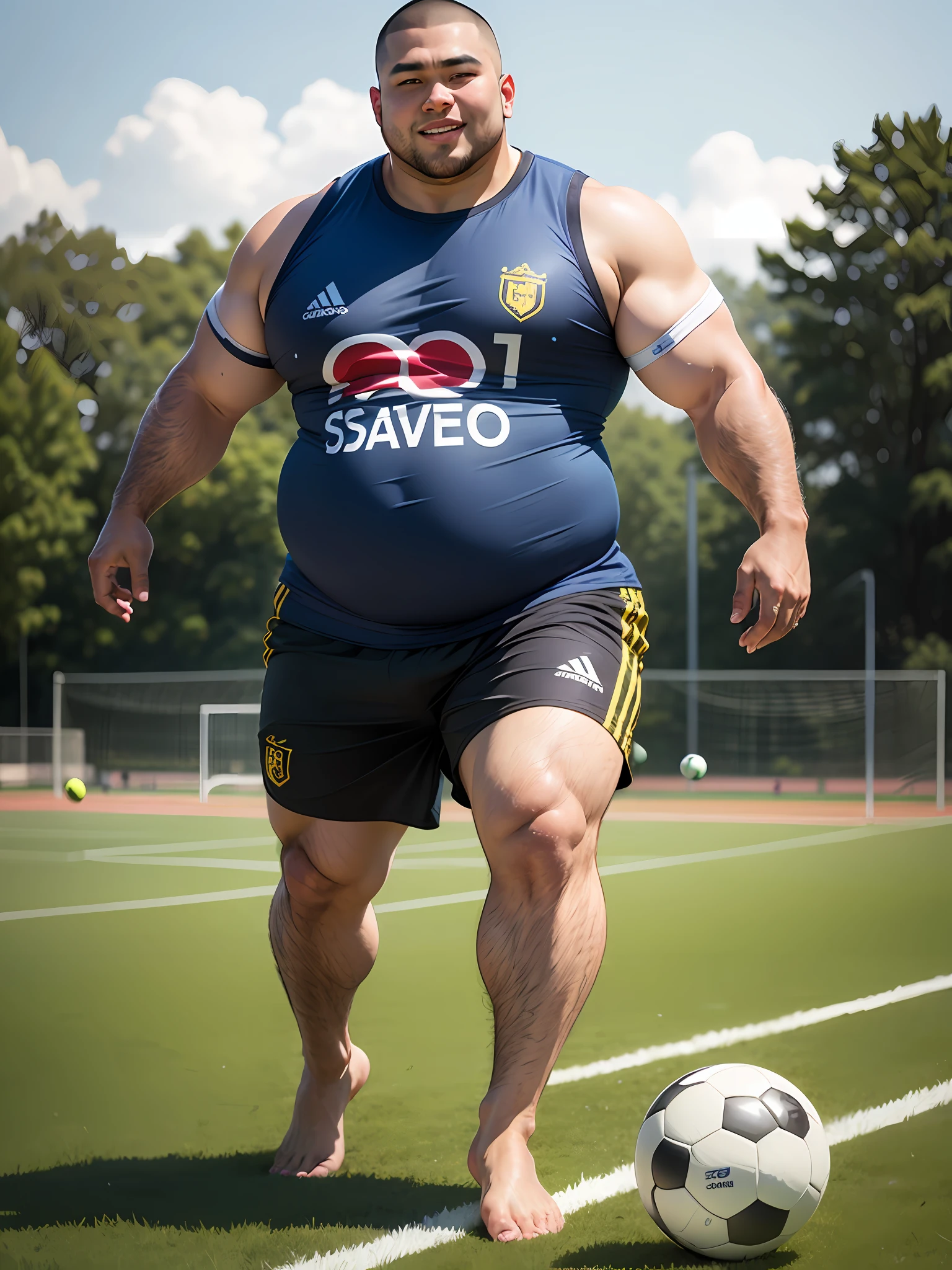 soccer court,play soccer,yellow clothing,chineseidol,red tank top,ssmile,Asian muscular chubby man,Fat,Strong,Jayrent,skinhead,Feet,soccer ball,Sports ,full bodyesbian,Sunny,grassy fields,big feet