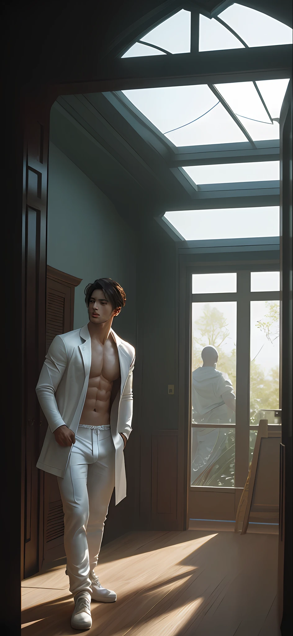 1Man, ((male model )) heaty skin, masterpiece, best quality,  most handsome man in the world, by Shen Quan, prefect body, beautiful male model, an attractive man 18-24 years old aesthetic, at spring flower booming, green fields, spring, plains, trees, flower, blue sky, ruggedly handsome young man wearing a white pajamas, white jockstrap ,white cloth,  shirtless Jacket over shoulder,  (Male Focus), ((smooth body)), super cute, dynamic pose, cool and seductive, dramatic lighting, full body shot, full body shot, youthful face, full body, body without hair, thin and tall, fit body, dominant, Caucasian or white skin, youthful face, firm body, high definition, natural flesh tones, soft light, highly detailed, looking at viewer, photography, detailed skin, real person, realistic, photo-realistic, insanely detailed, face detail, hype maximalist, hype hyperrealism, cinematic, telephoto, lighting intricate details, highly detailed, highly detailed, digital painting, artstation, concept art, smooth, sharp focus, illustration, Unreal Engine 5, 8K, art by Ross Tran and greg rutkowski and alphonse Mucha, UHD, 8k, show only male.8k uhd, dslr, dim lighting, high quality, film grain, Fujifilm XT3, male only fan,2 mans, pair model.