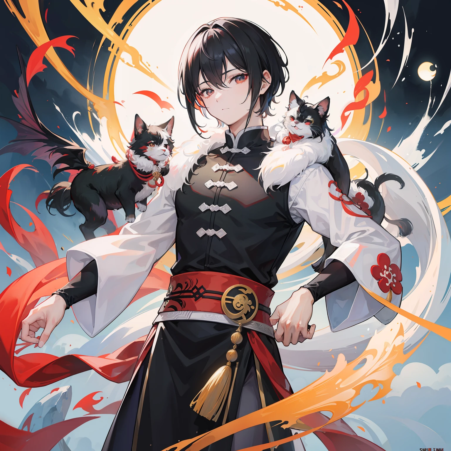 The five elements of yin and yang,Chinese Feng Shui,Four Divine Beasts,Black Haired Man 4k Artwork, short-haired,