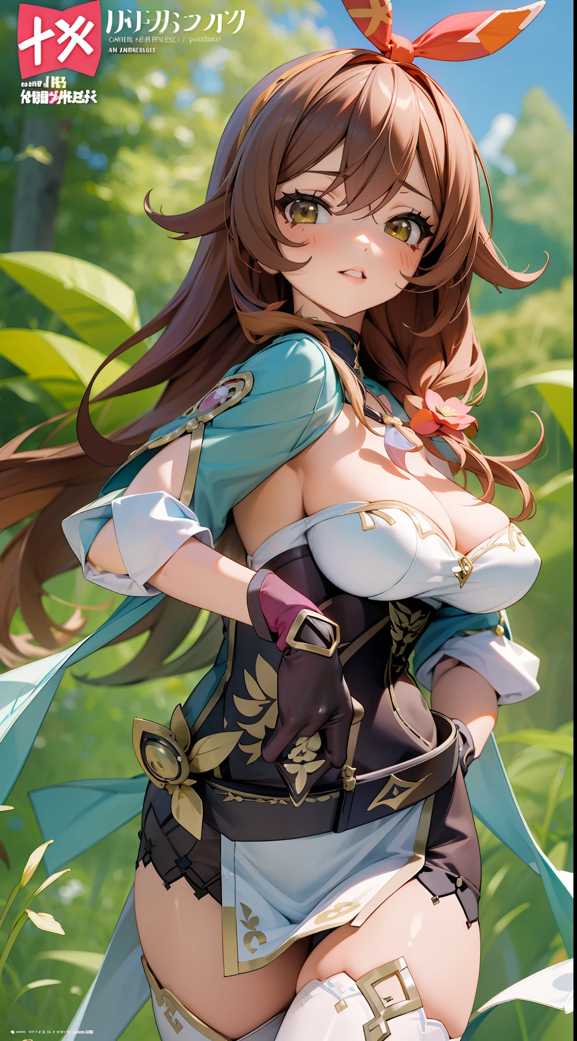 amber(Genshin Impact),Sakura Park,Comic cover style,Premium comic titles,Expose abs,Slim figure,cropped shoulders,huge tit,White dress at the bottom,Mesh garment,Fleshy thighs,Below the waist are mesh stockings,Masterpiece,hyper-detailed face,Deep rendering