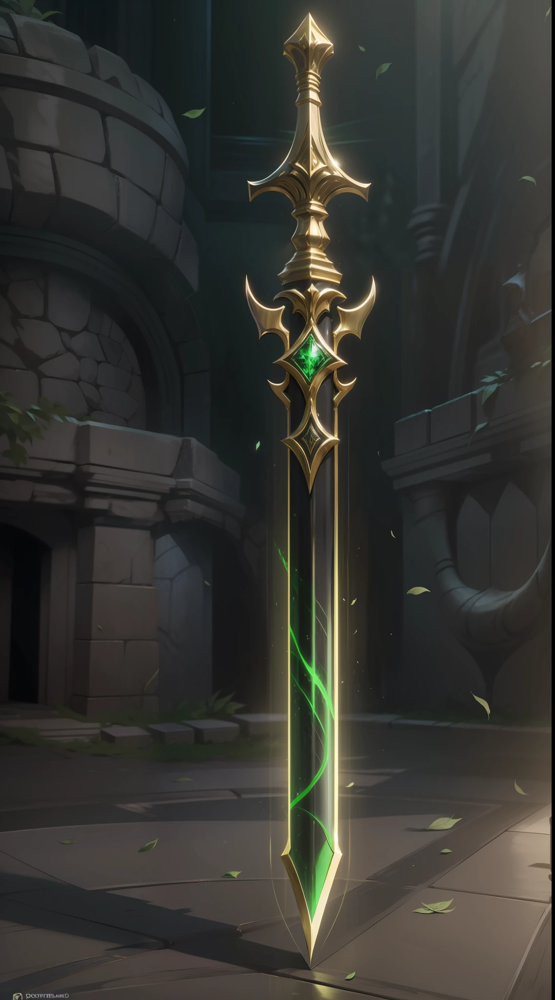 espada verde e dourada, castlevania, espada flutuante, detalhes em dourado, green blade, sun illumination, alta qualidade, 4k, rosto desenhado na espada