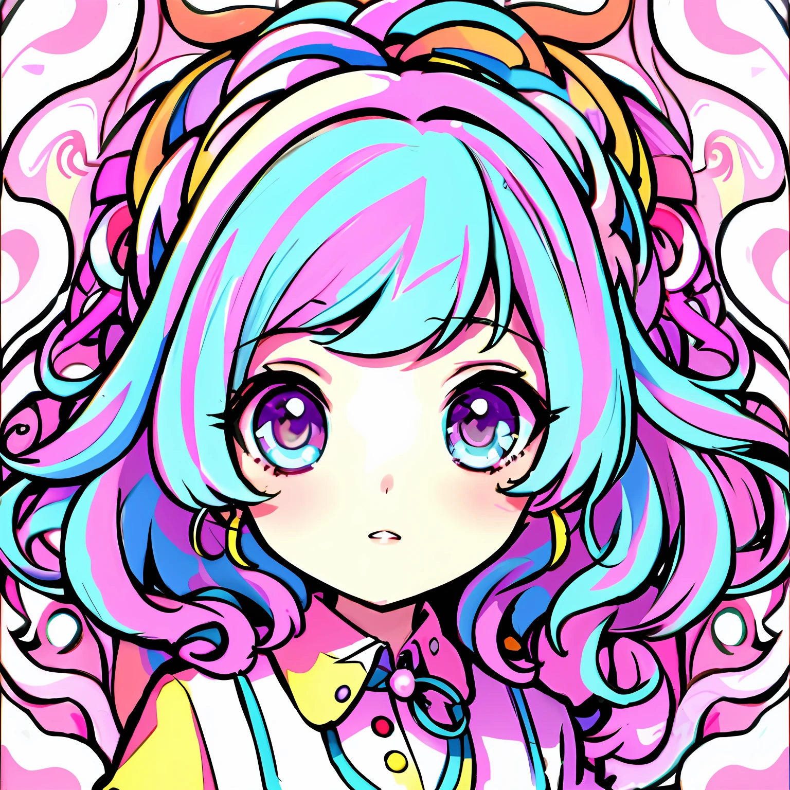 Close up of a cartoon girl with pink and blue hair, decora inspired illustrations, kawaii decora rainbowcore, pastel coloring, lovely art style, Anime art style, anime moe art style, kawaii anime manga style, Kawaii colors, cute colorful adorable, comic artstyle, Anime style portrait, colorful sketch, Colorful]”, Official artwork, candy girl, Colorful!!