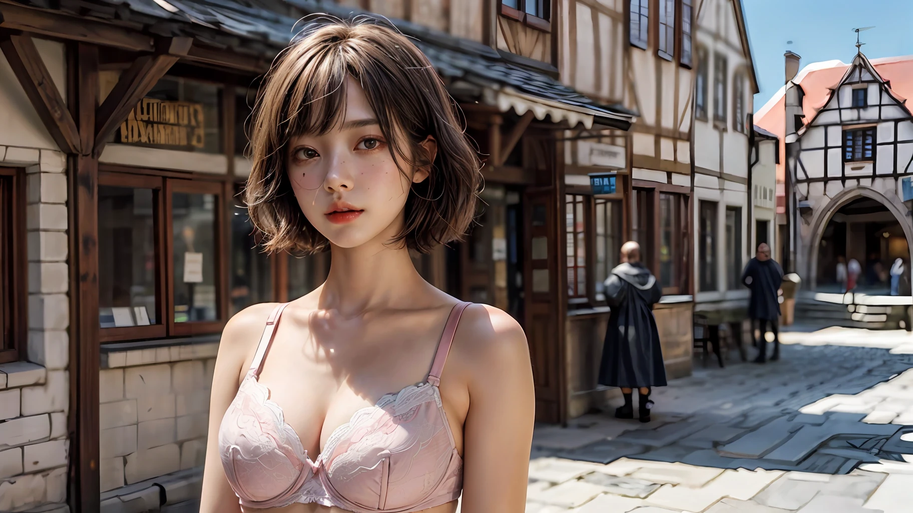 (1girl), hair(bob, messy), detail(eyes, face), skinny, pink-lace bra, standing pose, background(europe medieval city, blurry:1.35), cinematic-lighting, (photorealistic, ultra-high_res).