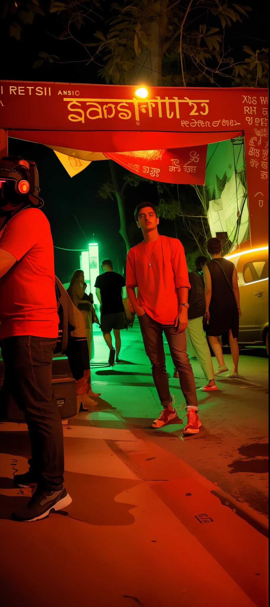 people standing in a parking lot at night with a sign that says sanskriti, standing in road, candid shot, taken in the night, standing in street, candid picture, in a street, at night time, full body photogenic shot, during night, street pic, in the street, on a street, candid photo, music festival, people at night, change background to cyberpunk, hot and sexy girls around the red color shirt boy