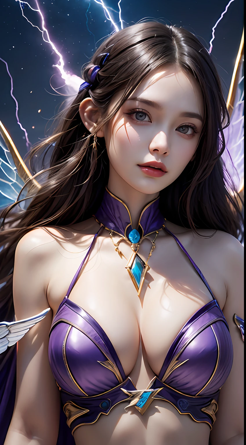 Beautiful demon girl,(best qualtiy,8K,tmasterpiece:1.3),Goose egg face,largeeyes,long eyelasher,With bangs,Cool handsome,Domineering,Exquisite(live-action realistic style),Star-like eyes,Ultimate face,Photorealistic light and shadow,Clear facial features,Milky white skin,Fair skin, highdetailskin, Realistic skin details, Visible Pore,(Super detail),Petite body,Carmelto, full bodyesbian,She wears long loose black hair and reaches her waist,(hair flowing), Smoothness,Huge wings,Crystal wings,(Super detail),Cloaked in simple armor,((dynamicposes)Suspended in the air),((Two ice planet backgrounds,Binary orbital flight,space,Sea of Stars)),((Dynamic background((Purple lightning)) ,Dramatic scenes